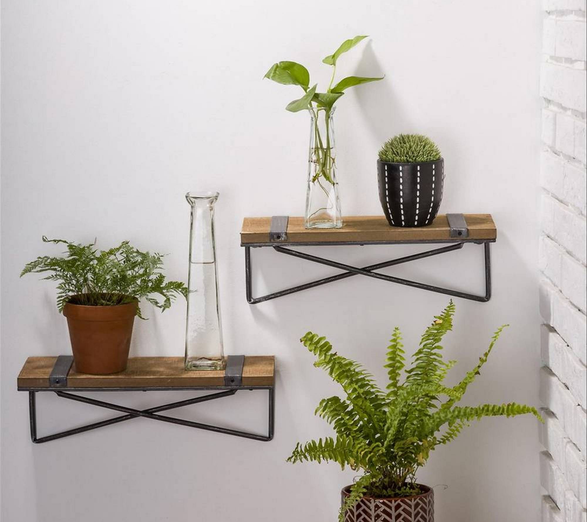 Glitzhome Set of 2 Same Size Rustic Metal &Wooden Wall Shelves