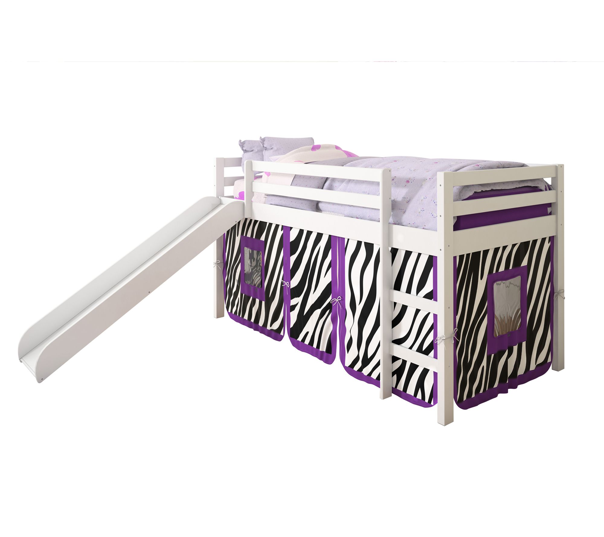 Donco Kids Twin Low Loft White Bed w/ Slide & Print Tent Kit