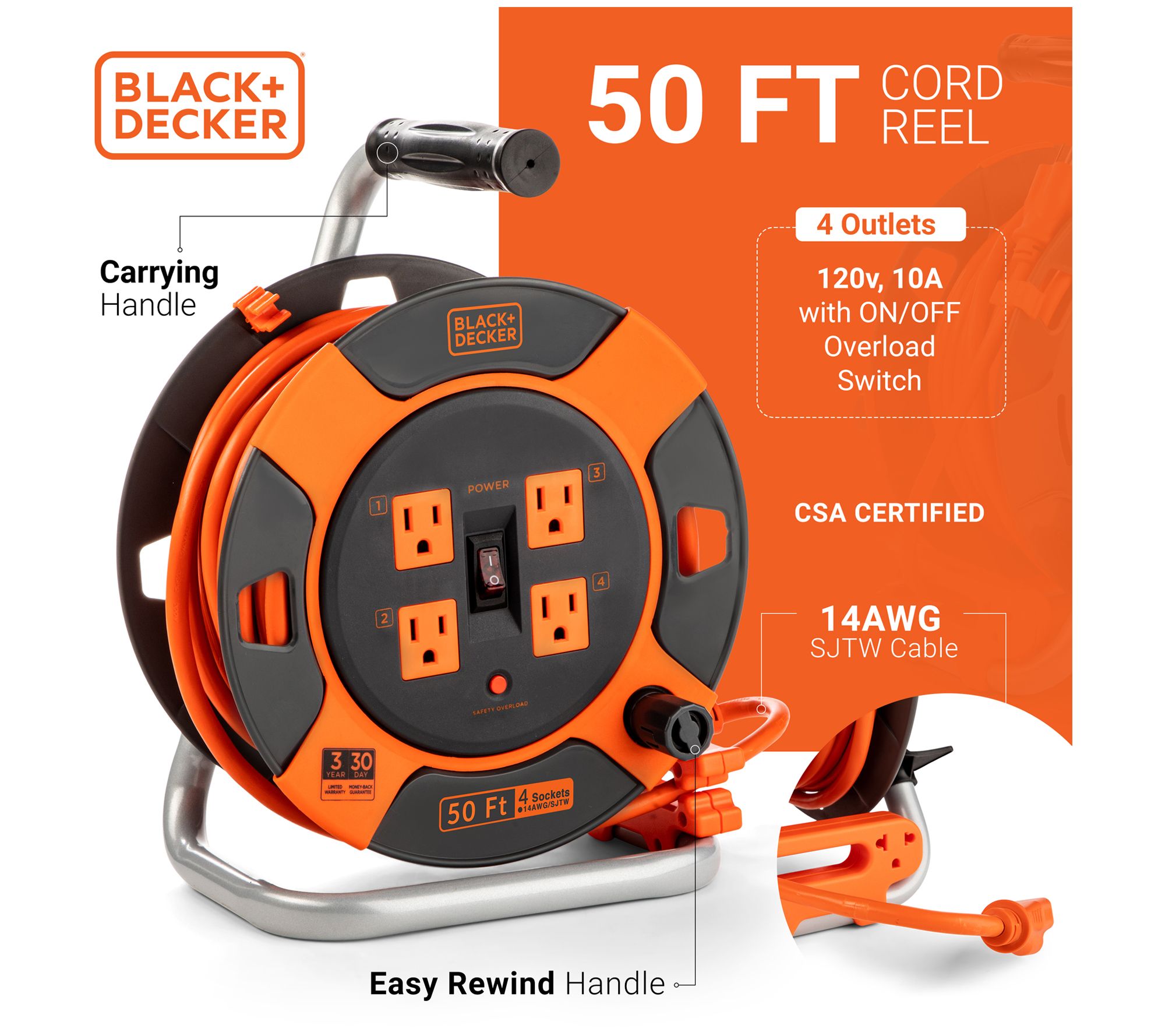 Masterplug 50' Extension Cord Reel with 4 Sockets and 2 USB Ports - QVC.com