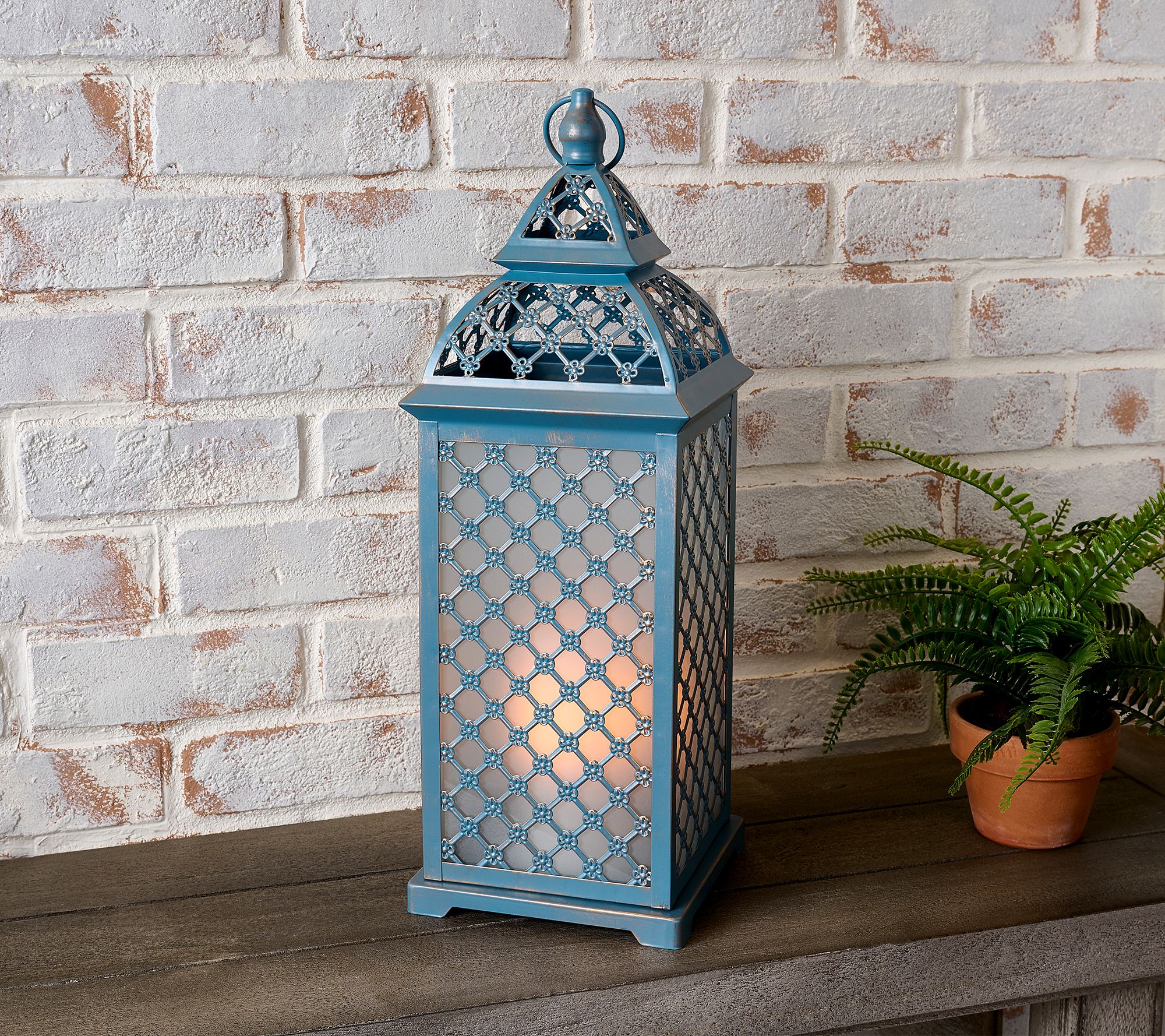 Indoor/Outdoor 20" Flickering Flame Lattice Metal Lantern by Valerie