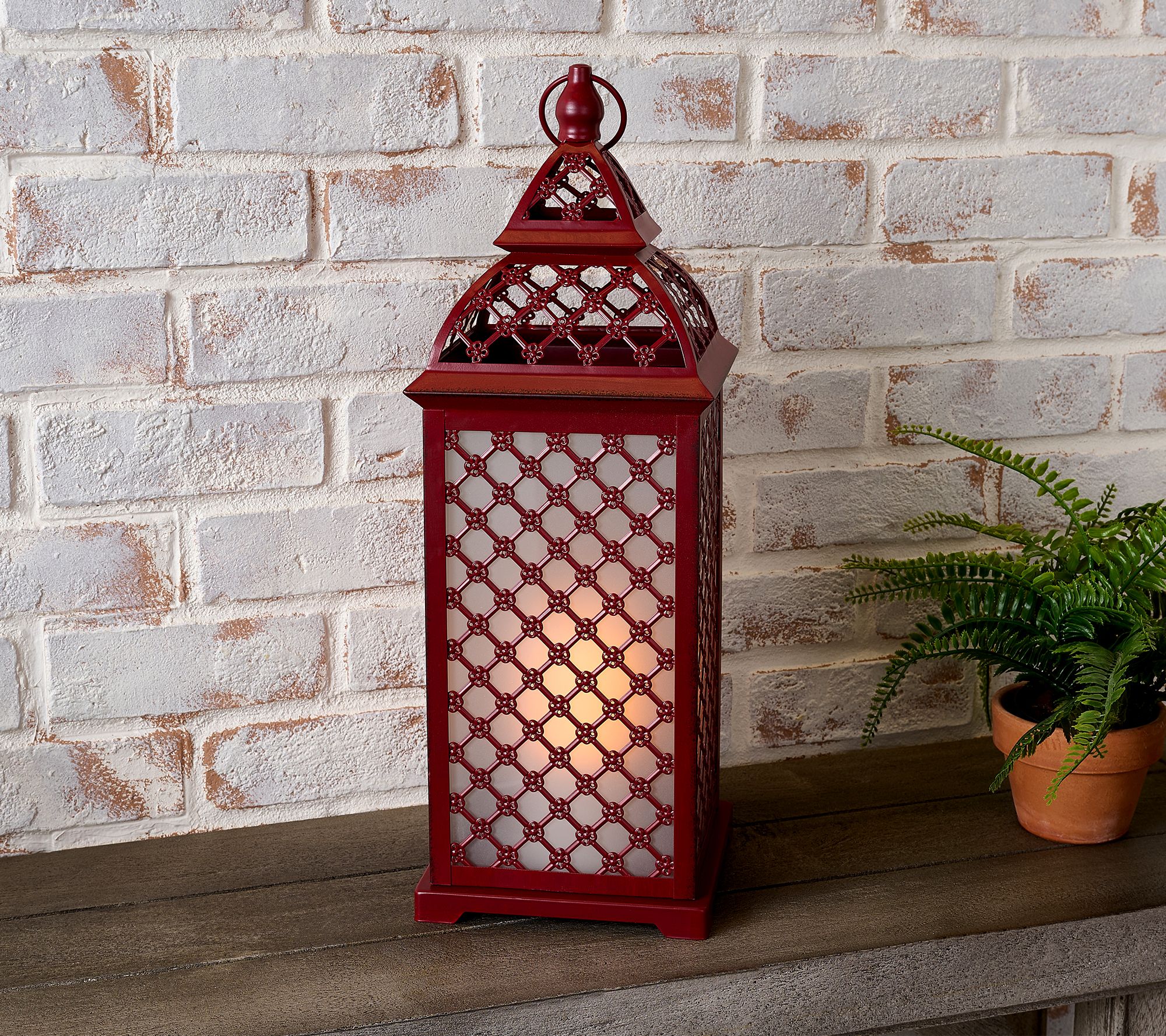 Indoor/Outdoor 20" Flickering Flame Lattice Metal Lantern by Valerie