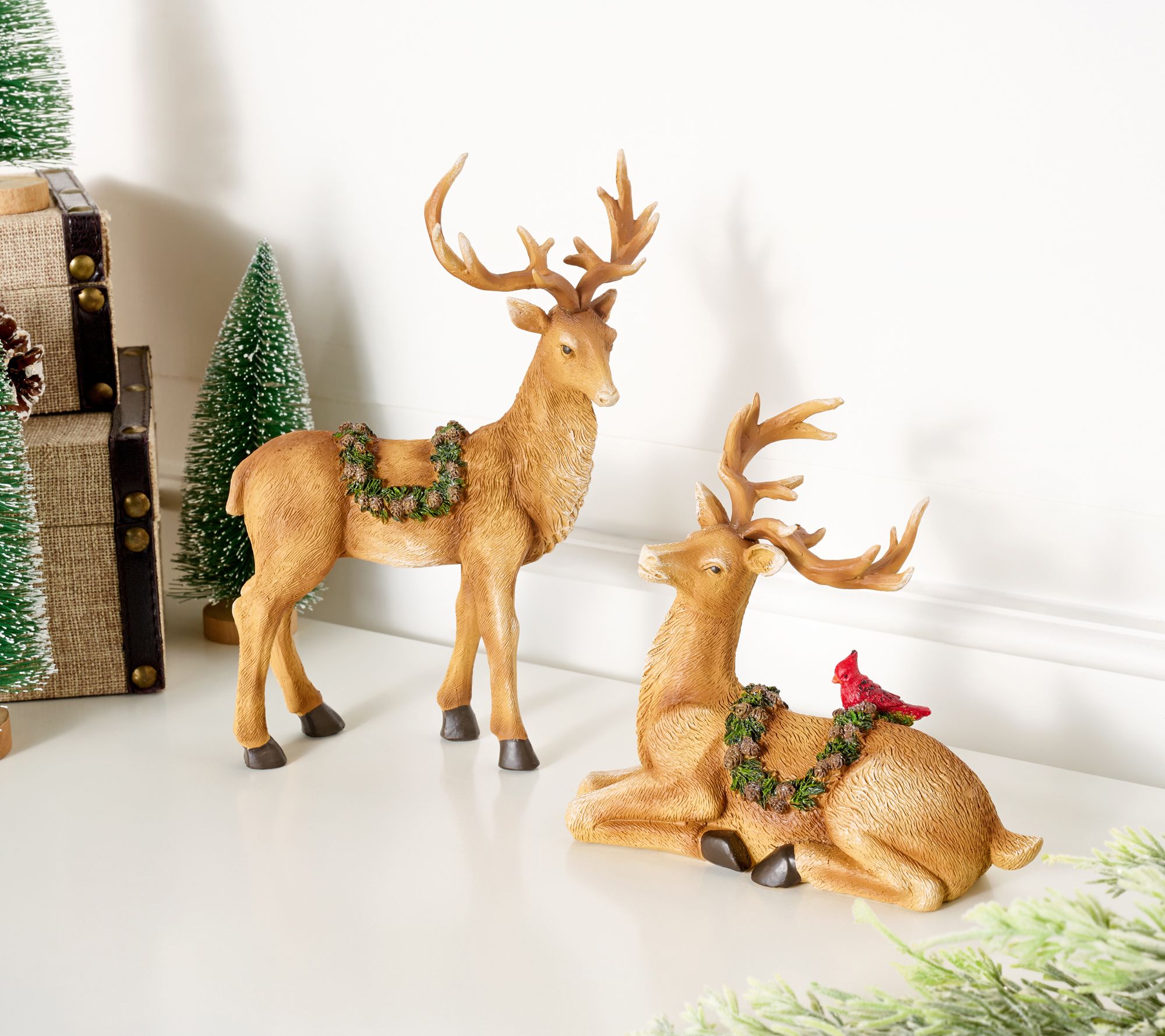 2-Piece Deer Figures with Cardinal and Garland by Valerie