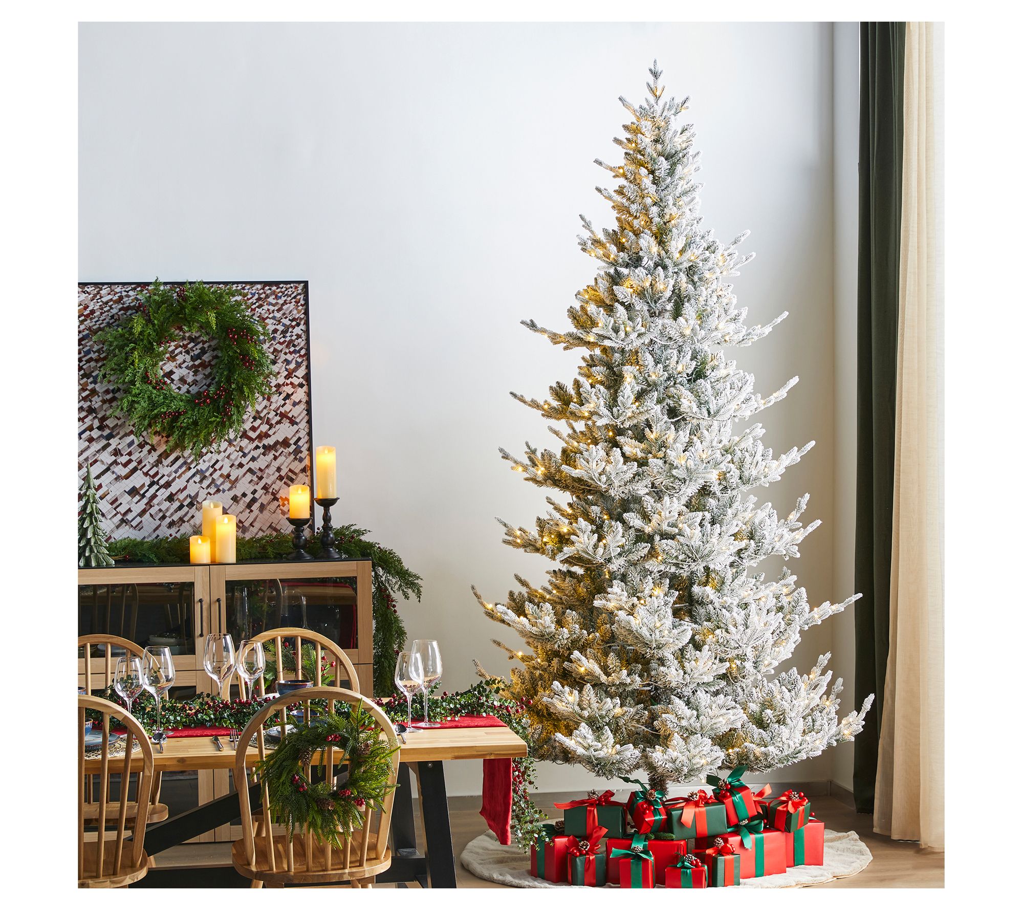 Glitzhome 9' LED Pre-Lit Flocked Fir Slim FauxChristmas Tree