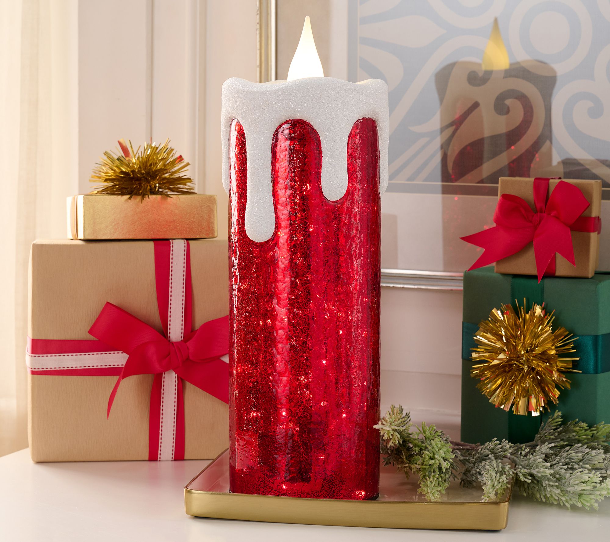 "As Is" 18" Oversized Mercury Glass Candle w/ Snow by Valerie