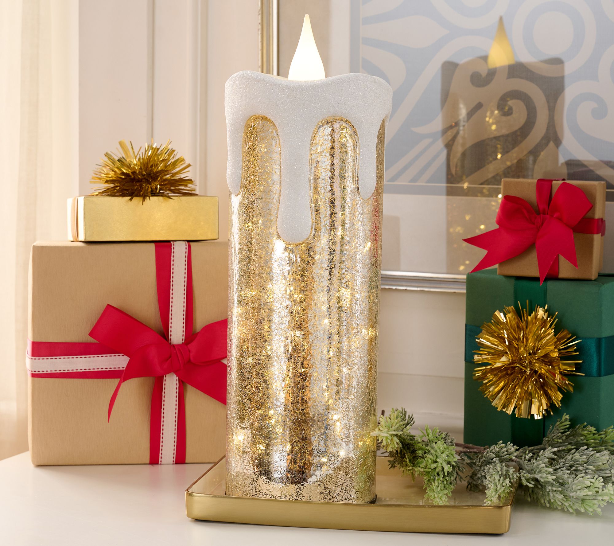 "As Is" 18" Oversized Mercury Glass Candle w/ Snow by Valerie