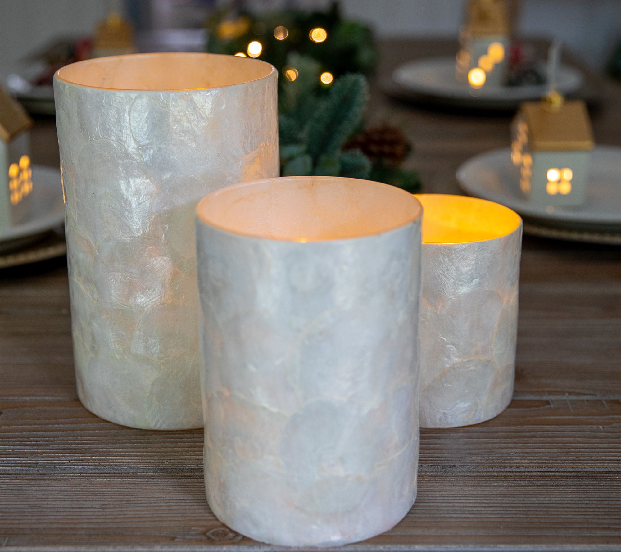 "As Is" Set/3 Capiz Hurricane with LED Candle by Lauren McBride