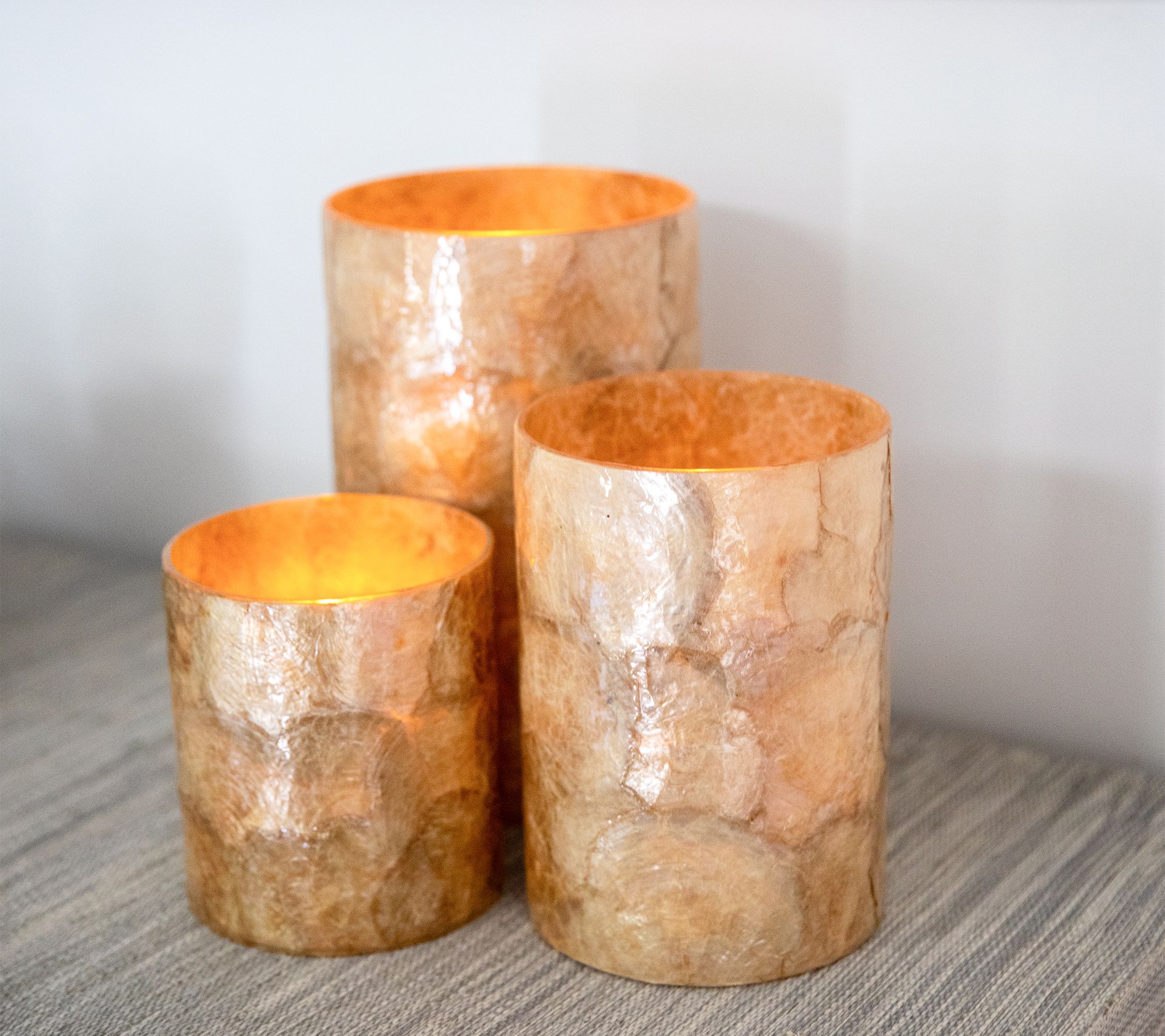 "As Is" Set/3 Capiz Hurricane with LED Candle by Lauren McBride