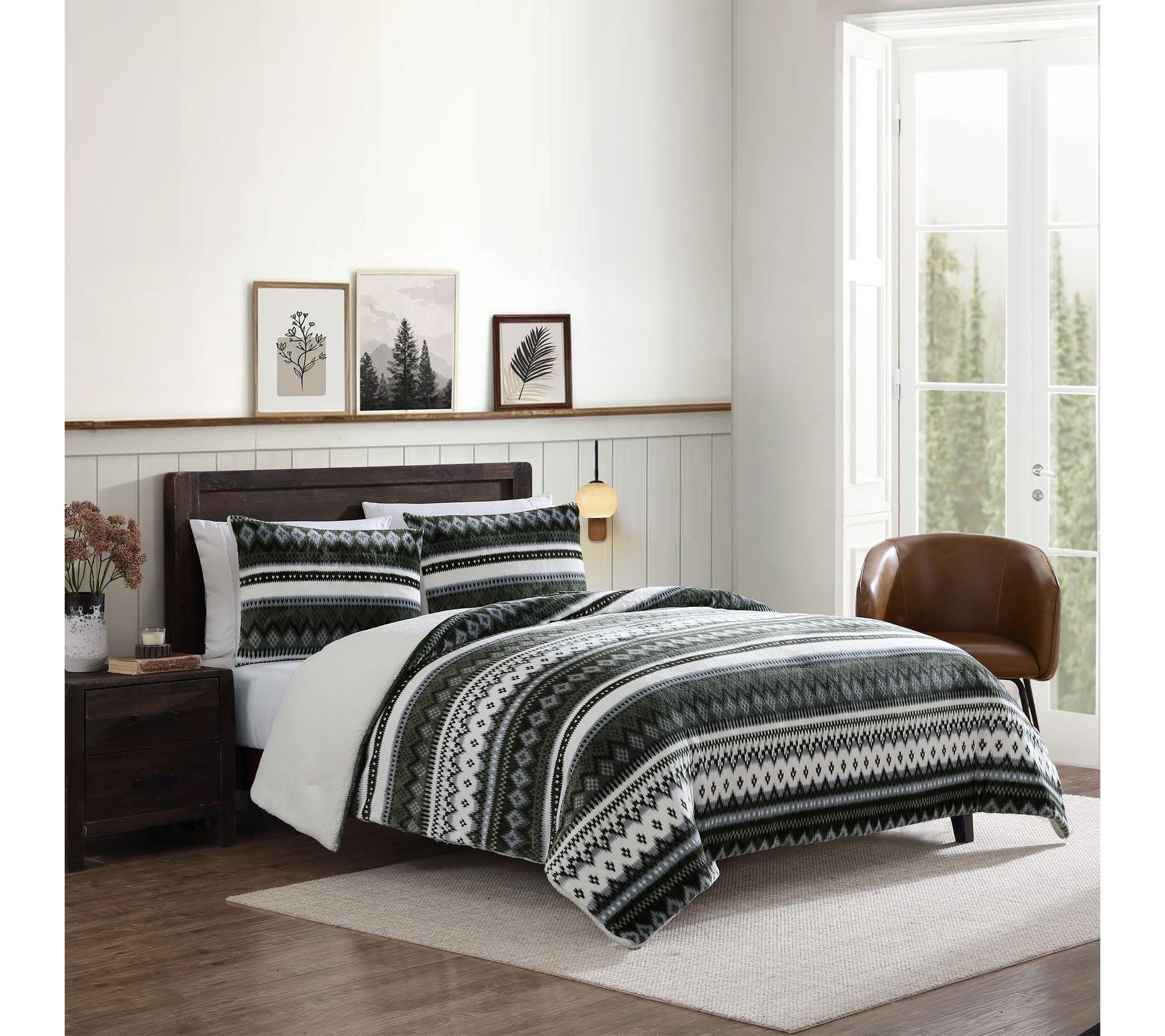 Eddie Bauer Shelton Fair Isle Green Plush QueenComforter Set