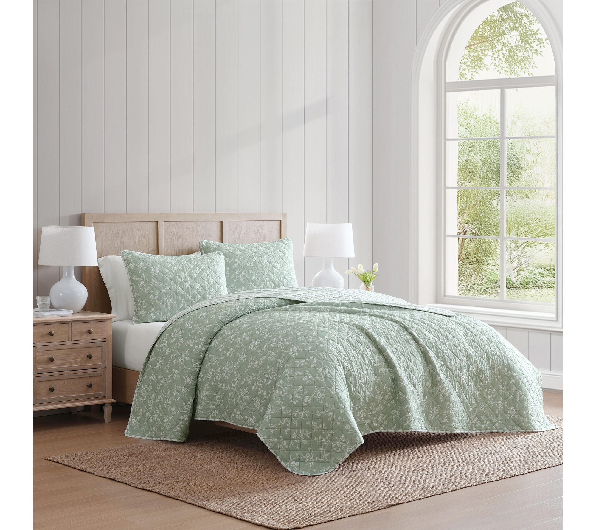 Martha Stewart French Bird Floral Green CottonQueen Quilt Set