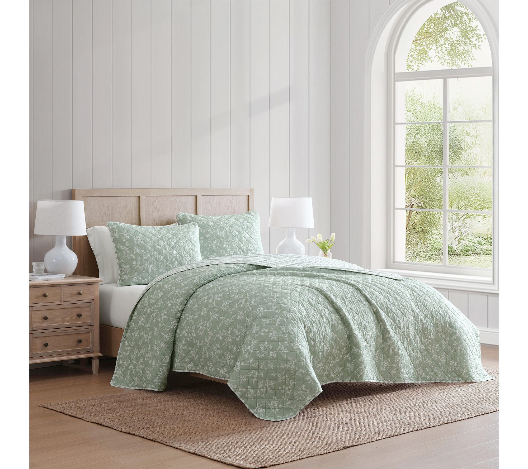 Martha Stewart French Bird Floral Green CottonQueen Quilt Set
