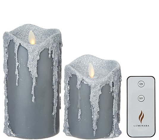 Martha Stewart S/2 Melted Top Wax Dripped Pillar Candles with Remote