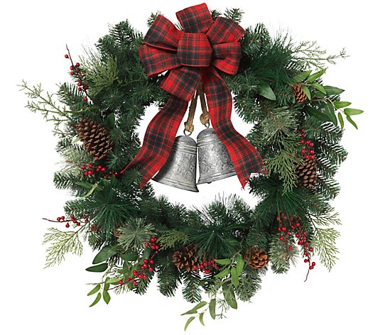 32-in D Pine Wreath w/ Red Berries, Bells, & Bow by Gerson Co