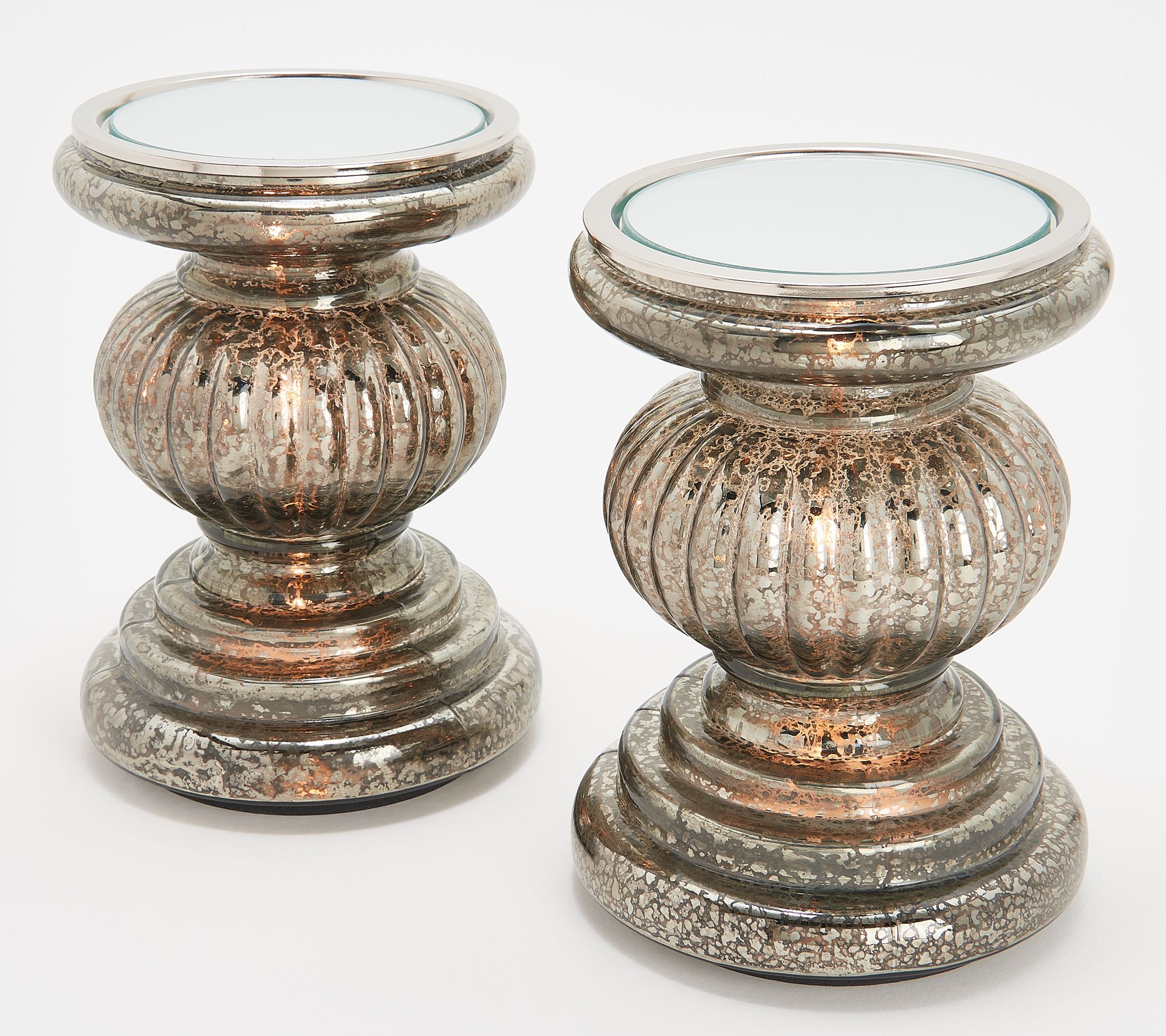 Set of 2 Lit Candle Holder Pedestals with Mirror Inserts by Valerie