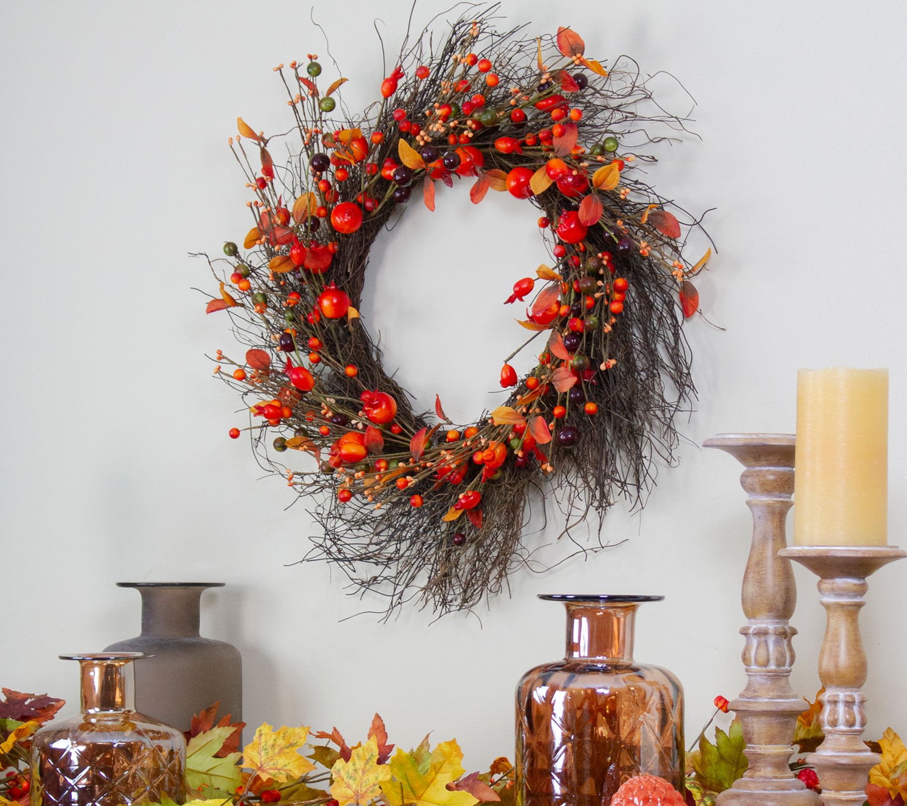 Northlight Leaves & Berries Fall Harvest Twig Wreath - 24" - QVC.com
