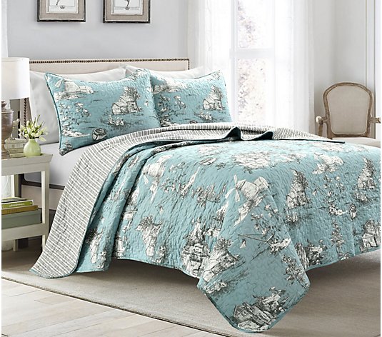 French Country Toile Cotton 3Pc King Quilt Set