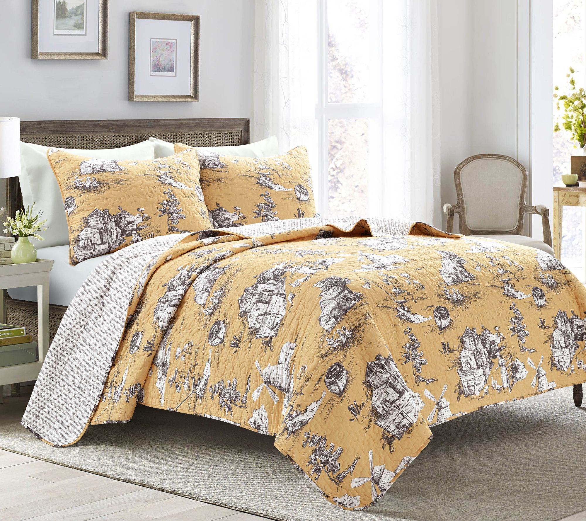 French Country Toile Cotton 3Pc King Quilt Set