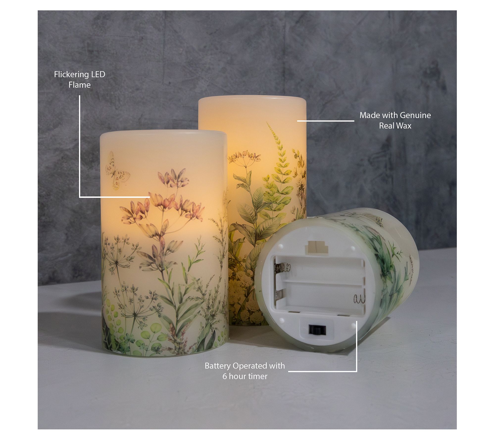 Lumabase Set of 3 Flameless Floral Pillars