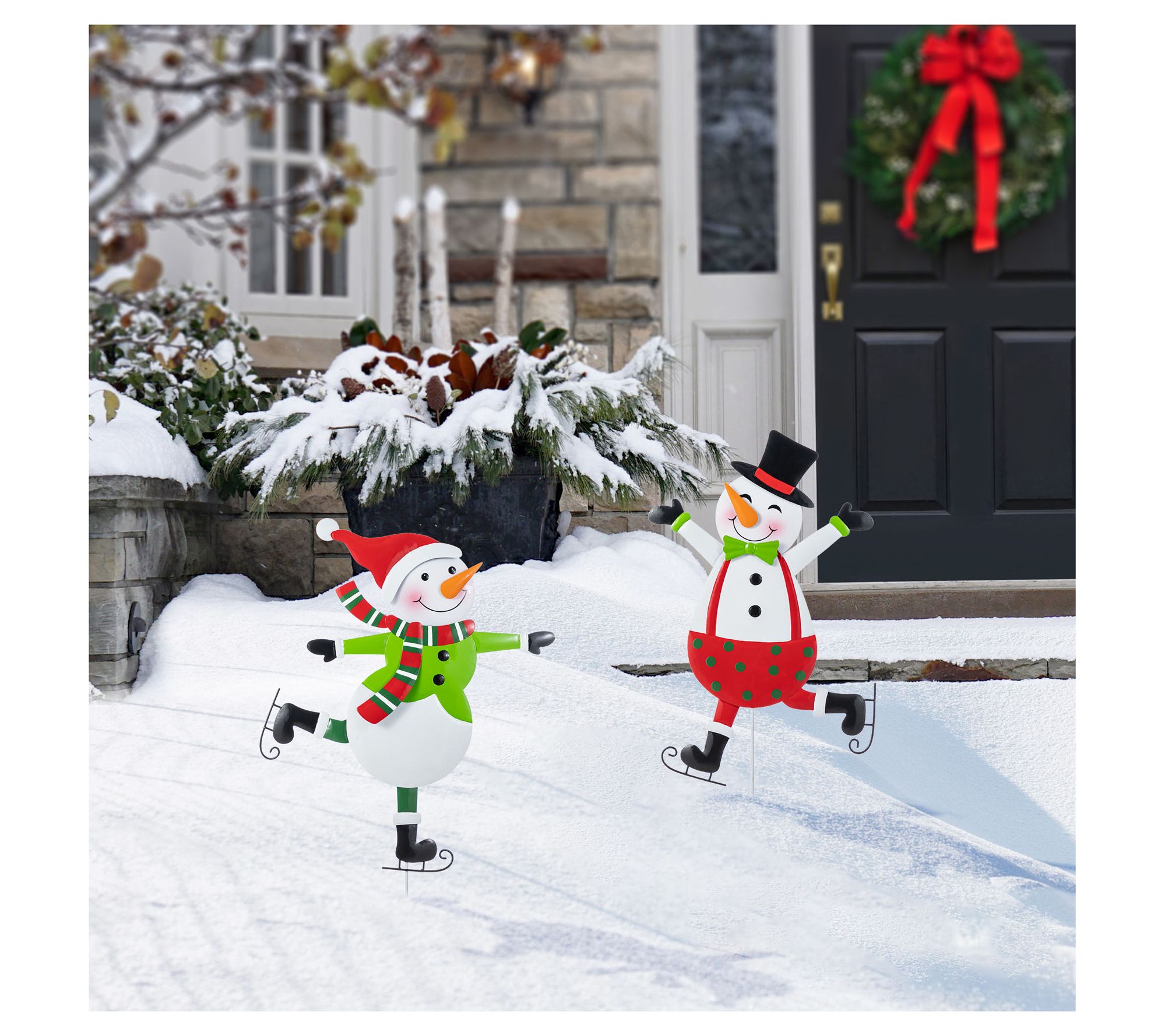 Glitzhome 36" Metal Christmas Skiing Snowmen Garden Stakes S/2