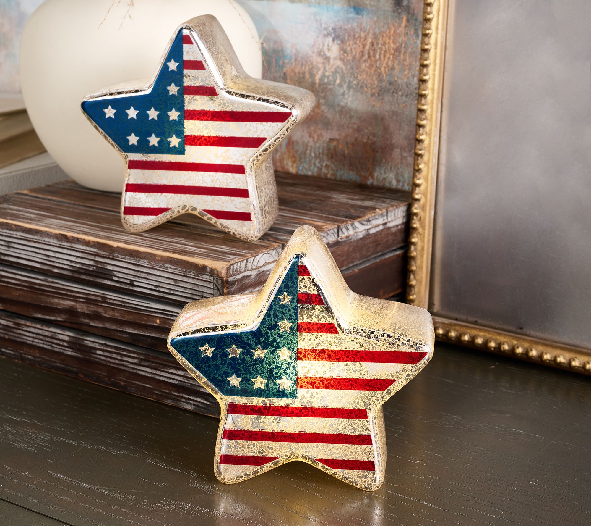Set of (2) 6" Illuminated Mercury Glass Patriotic Stars by Valerie