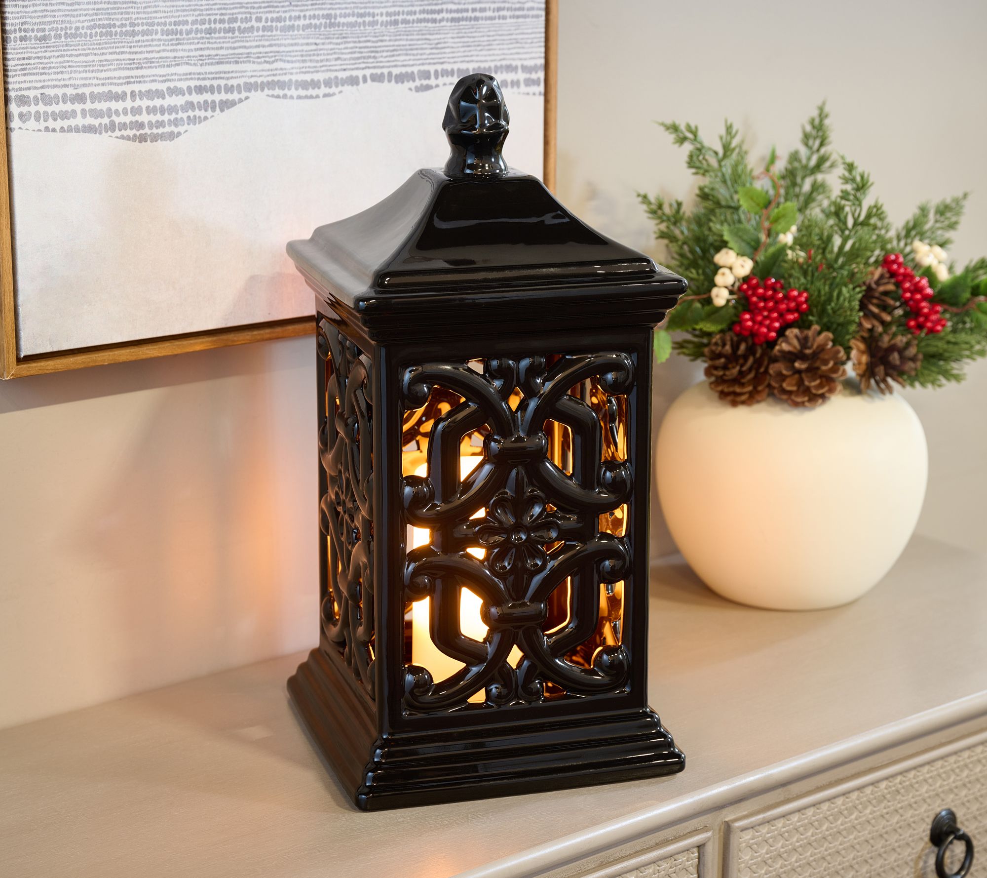 "As Is" 15" Flickering Flame Ceramic Lantern by Valerie