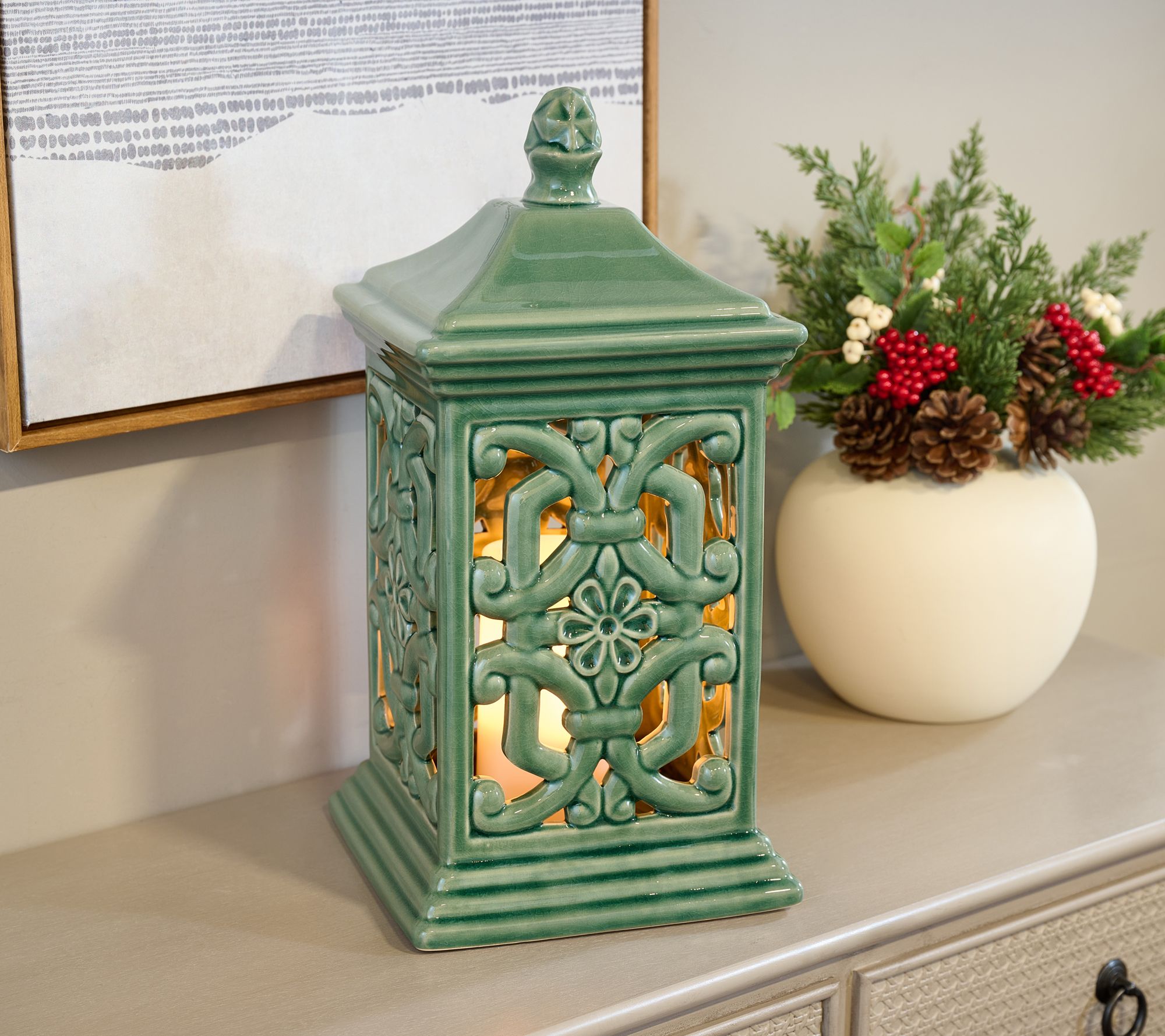 "As Is" 15" Flickering Flame Ceramic Lantern by Valerie