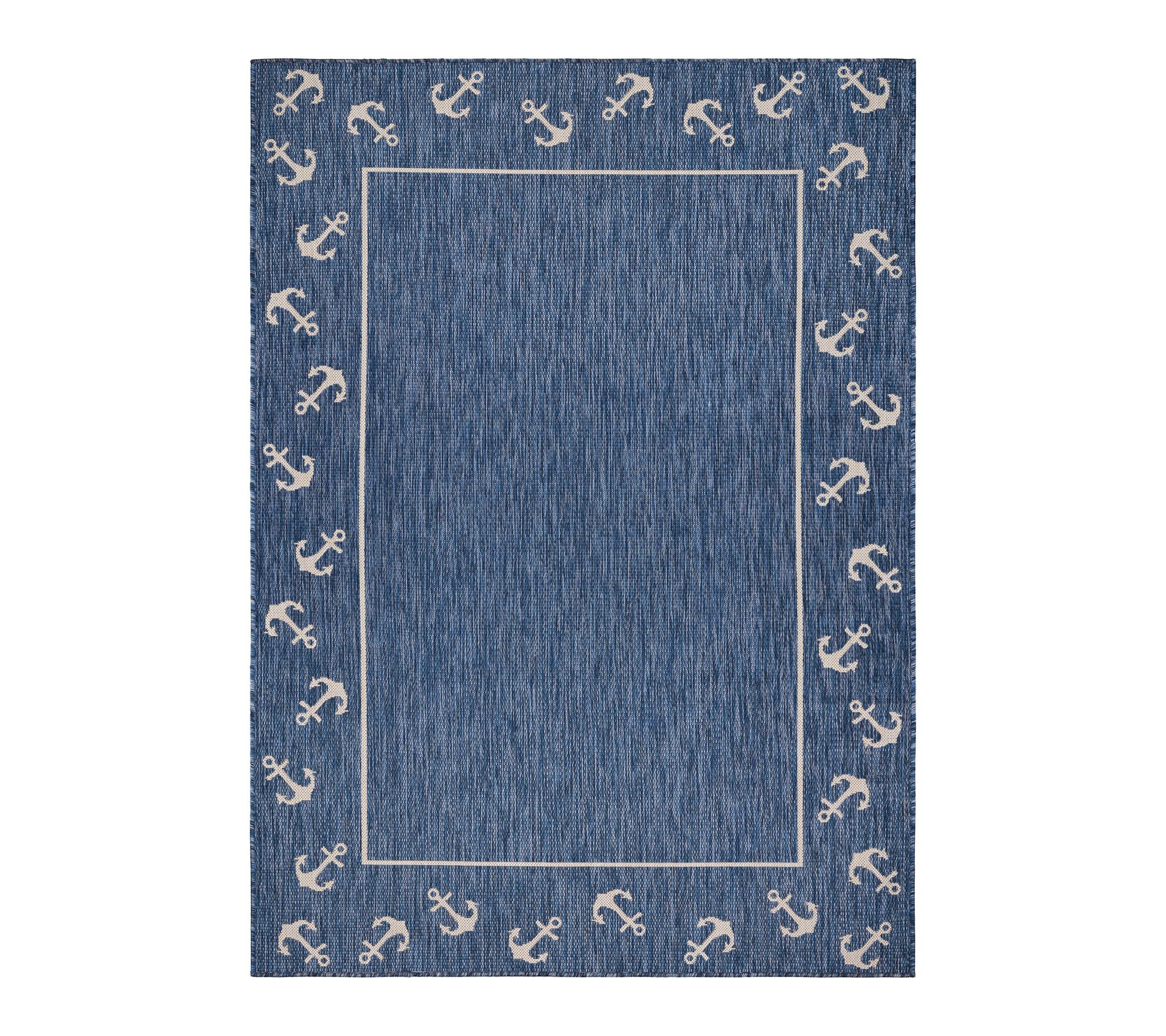 Ox Bay Navy/White Bordered Nautical  Outdoor Area Rug, 5' x 7'