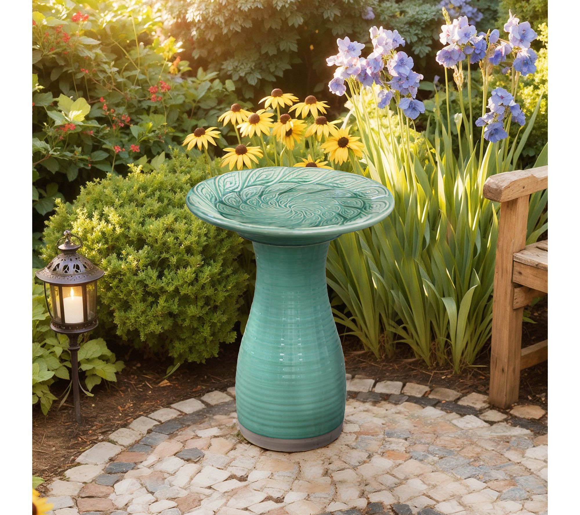 LuxenHome Aqua Green w/ Feather Design 20.5"H Ceramic Birdbath