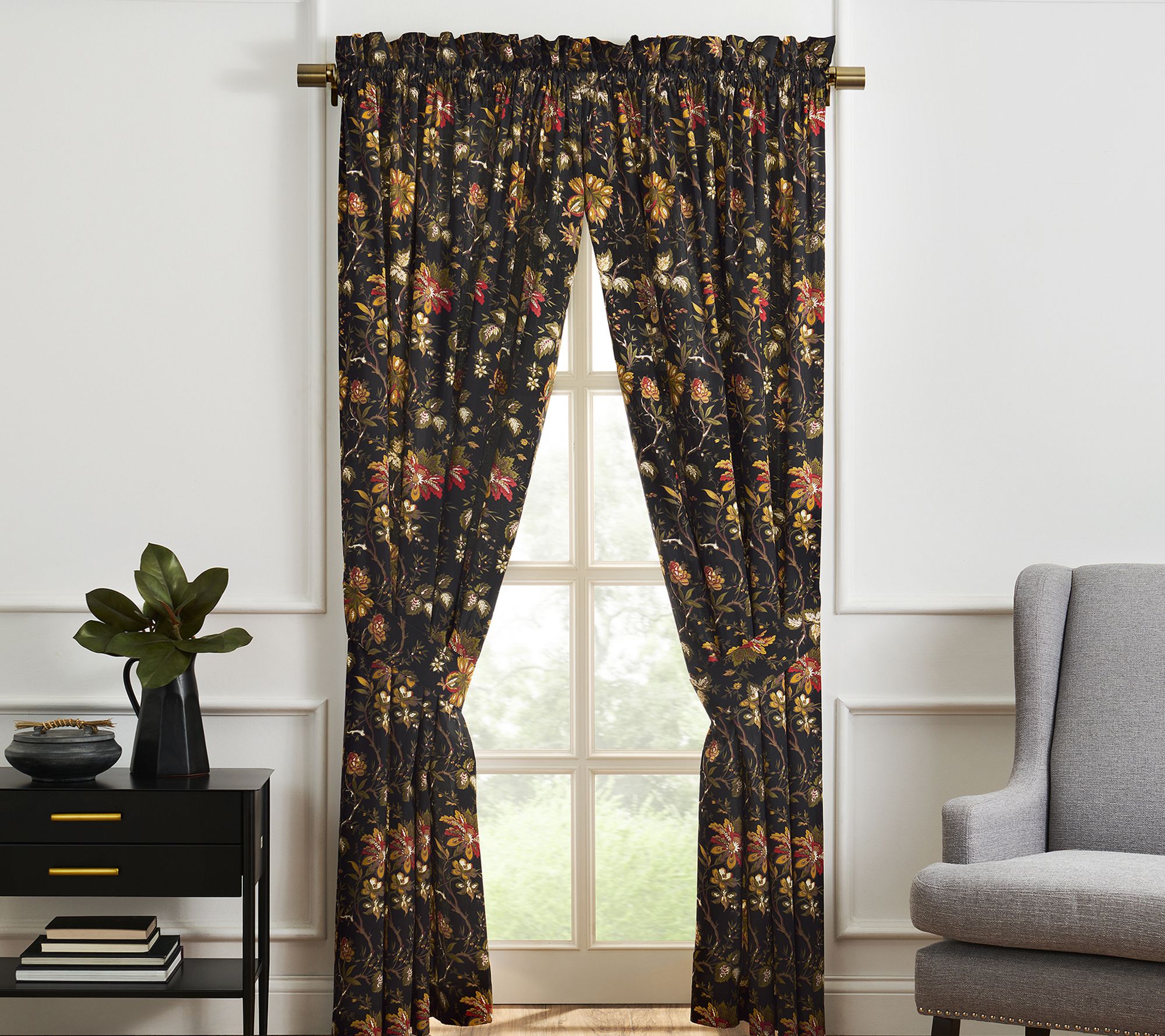 Waverly Felicite Noir Window Curtain Panel 100% Cotton 50"X84"