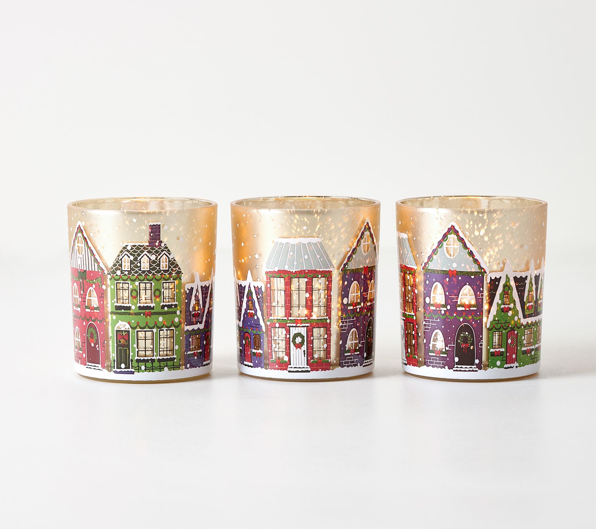 S/3 4" Illuminated Town Glass Mini Hurricanes by Valerie