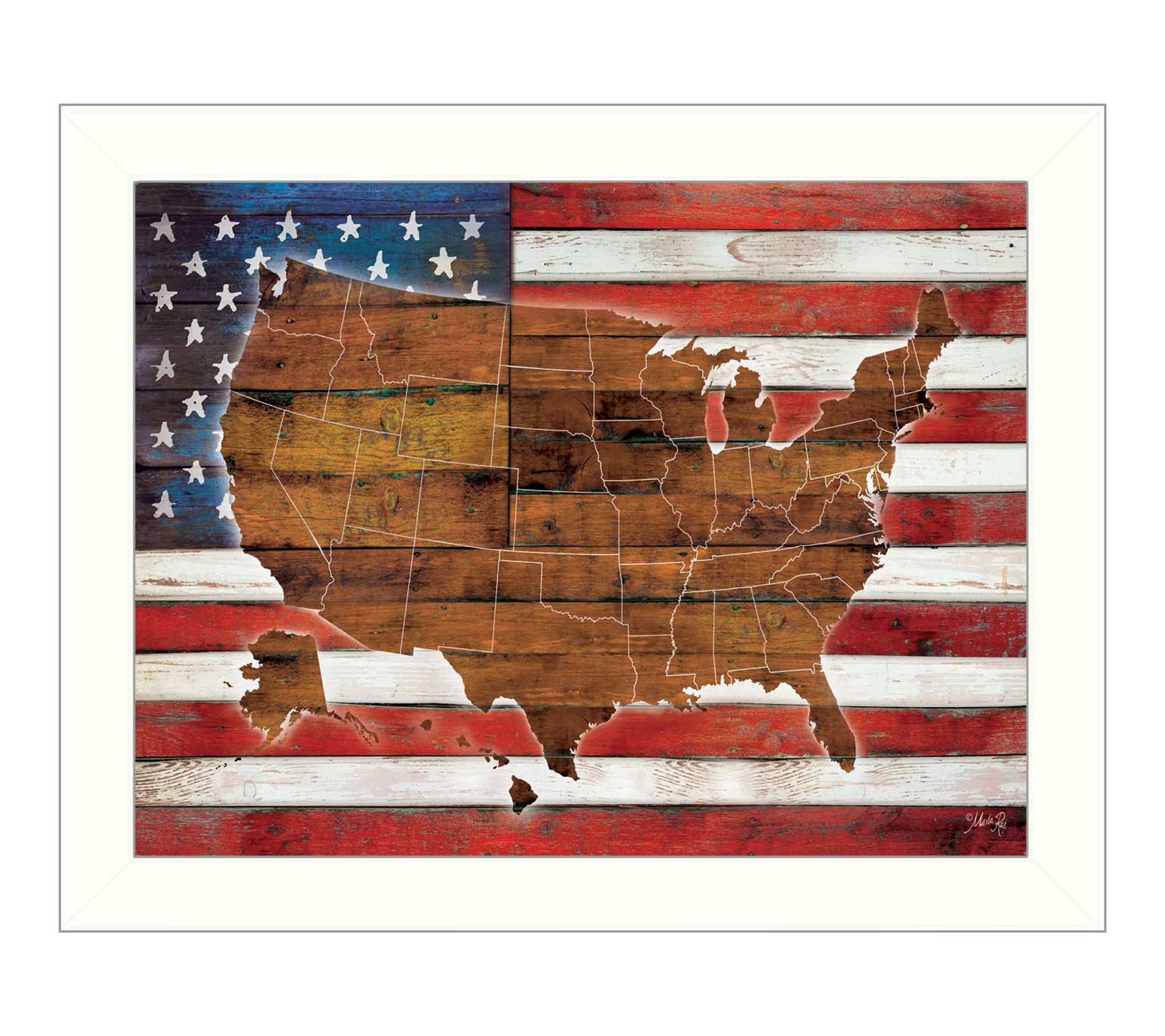 HomeRoots American Flag USA Map White Framed Wall Art