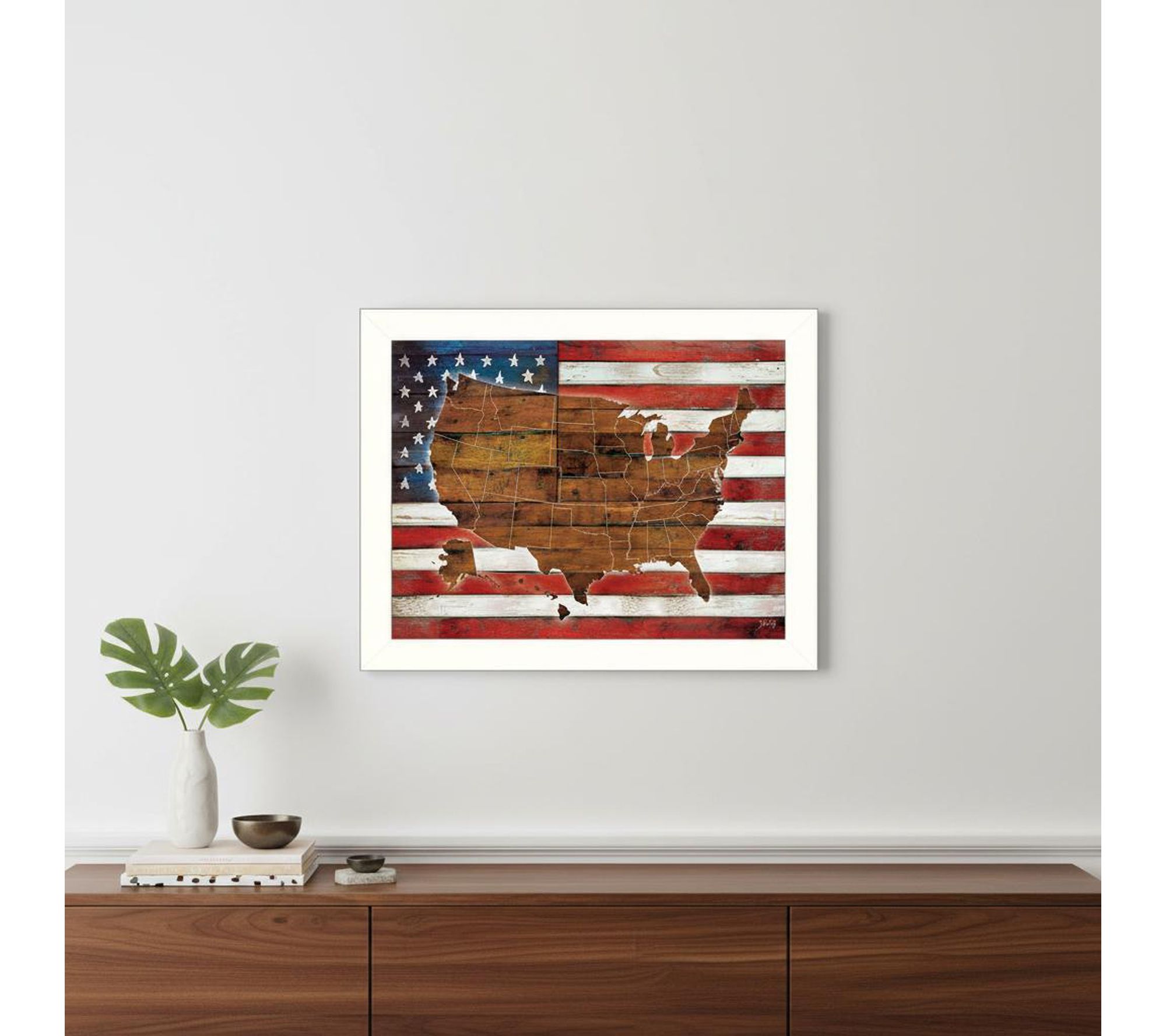 HomeRoots American Flag USA Map White Framed Wall Art