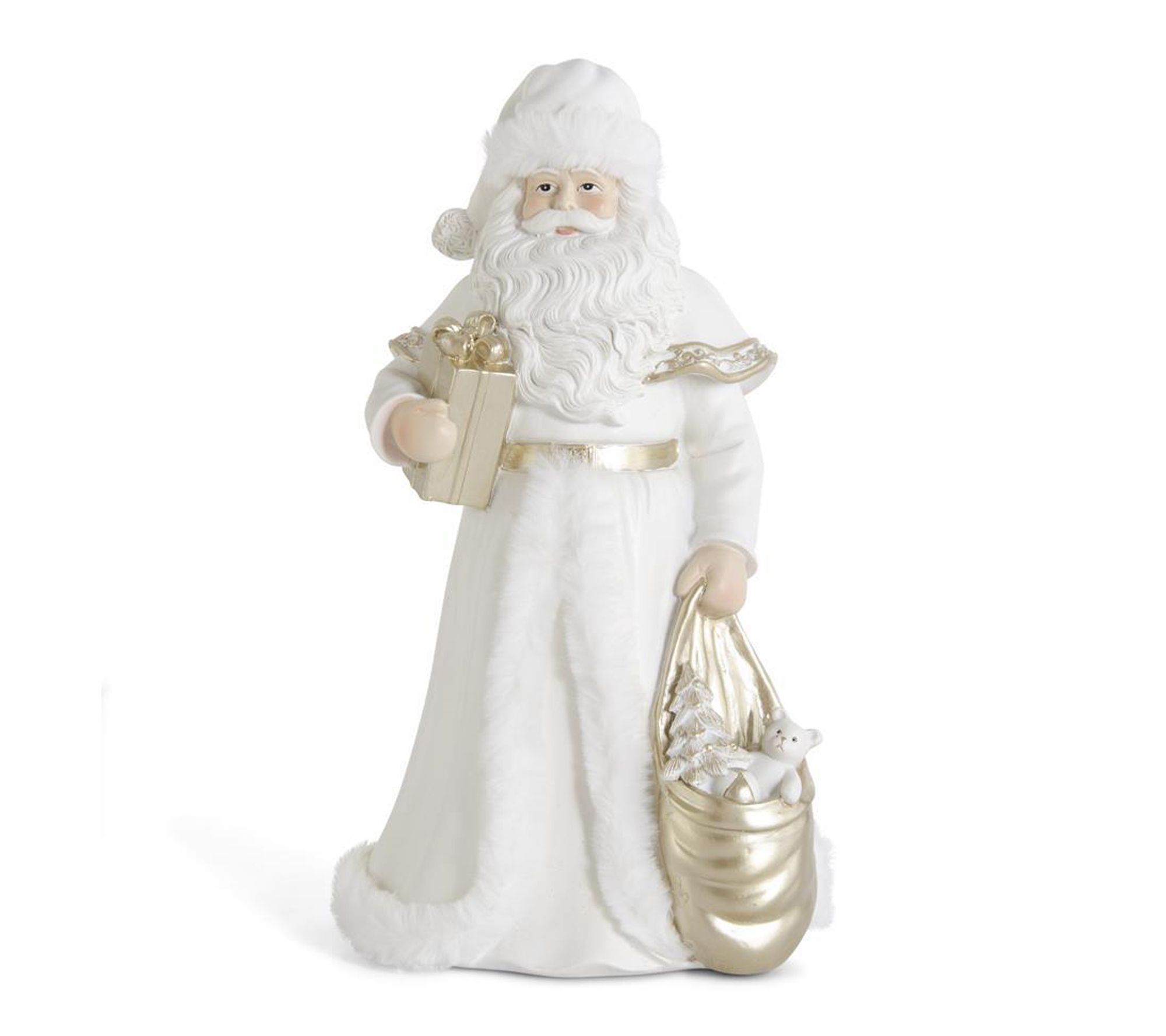 RC Home Decor -12" White & Gold Resin Santa w/Gift
