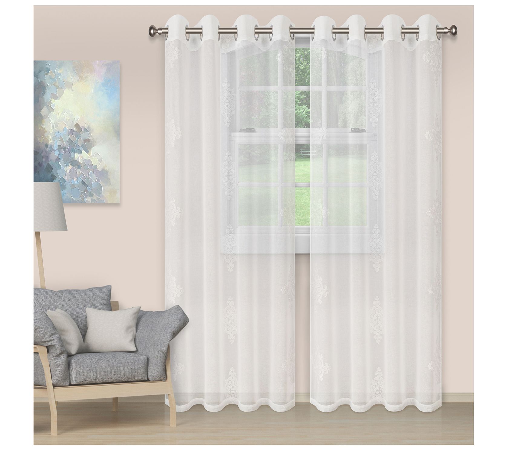 Superior Embroidered Damask Sheer Grommet Curtain, 52 X 108