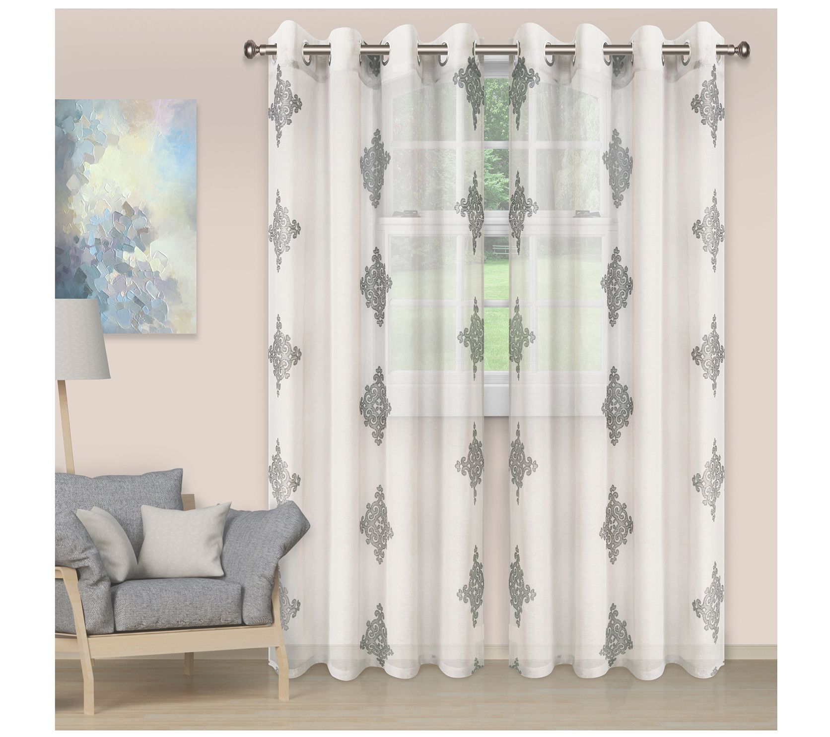 Superior Embroidered Damask Sheer Grommet Curtain, 52 X 108