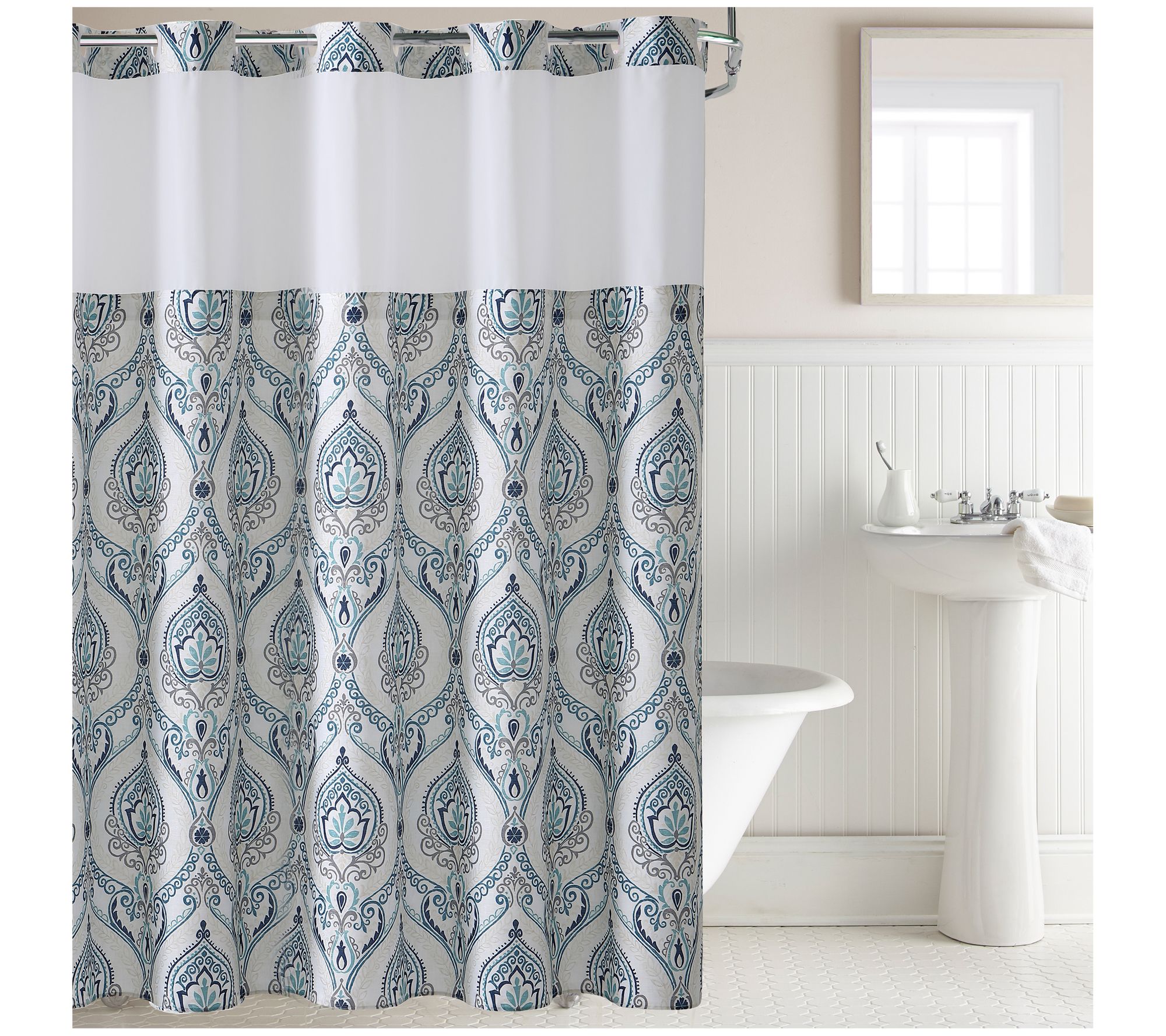 Hookless French Damask Print Shower Curtain with Peva Liner - QVC.com