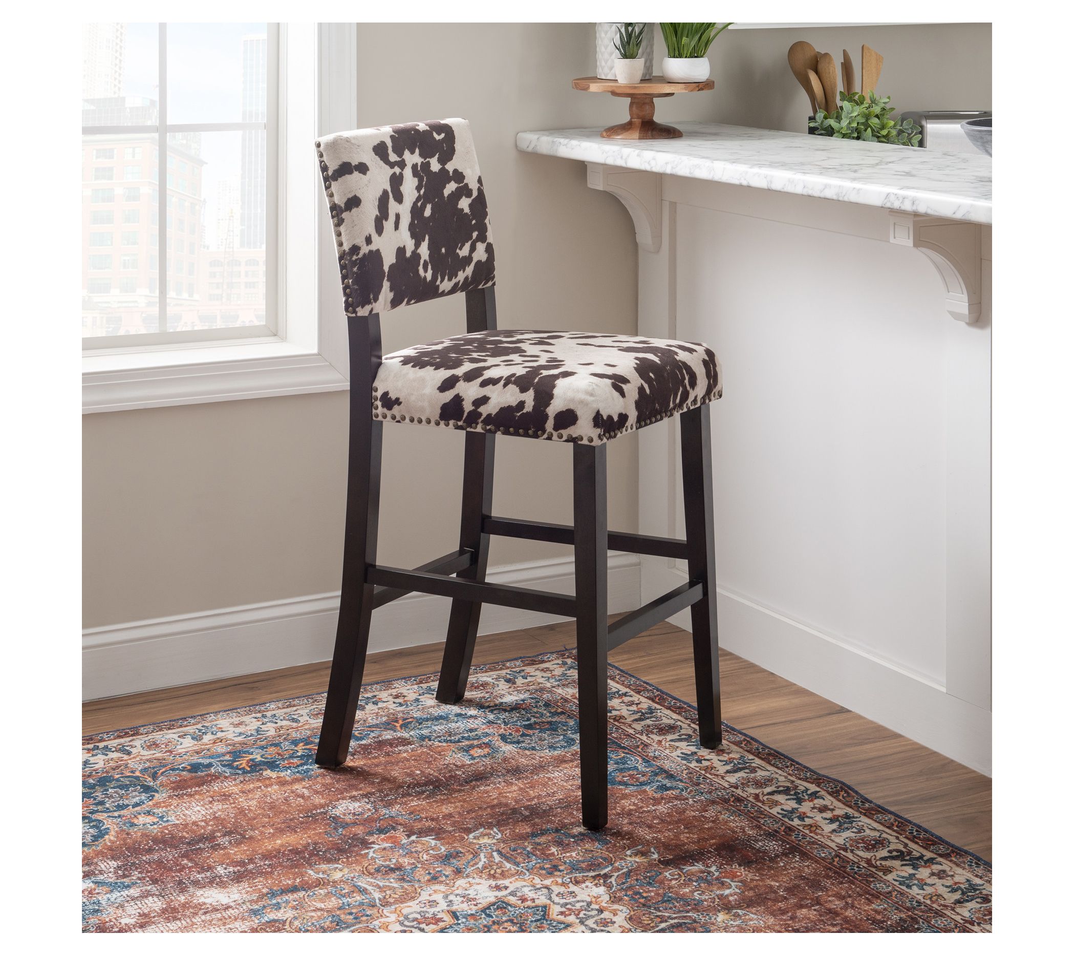 Linon Home Clark Upholstered Nailhead Cow PrintBar Stool