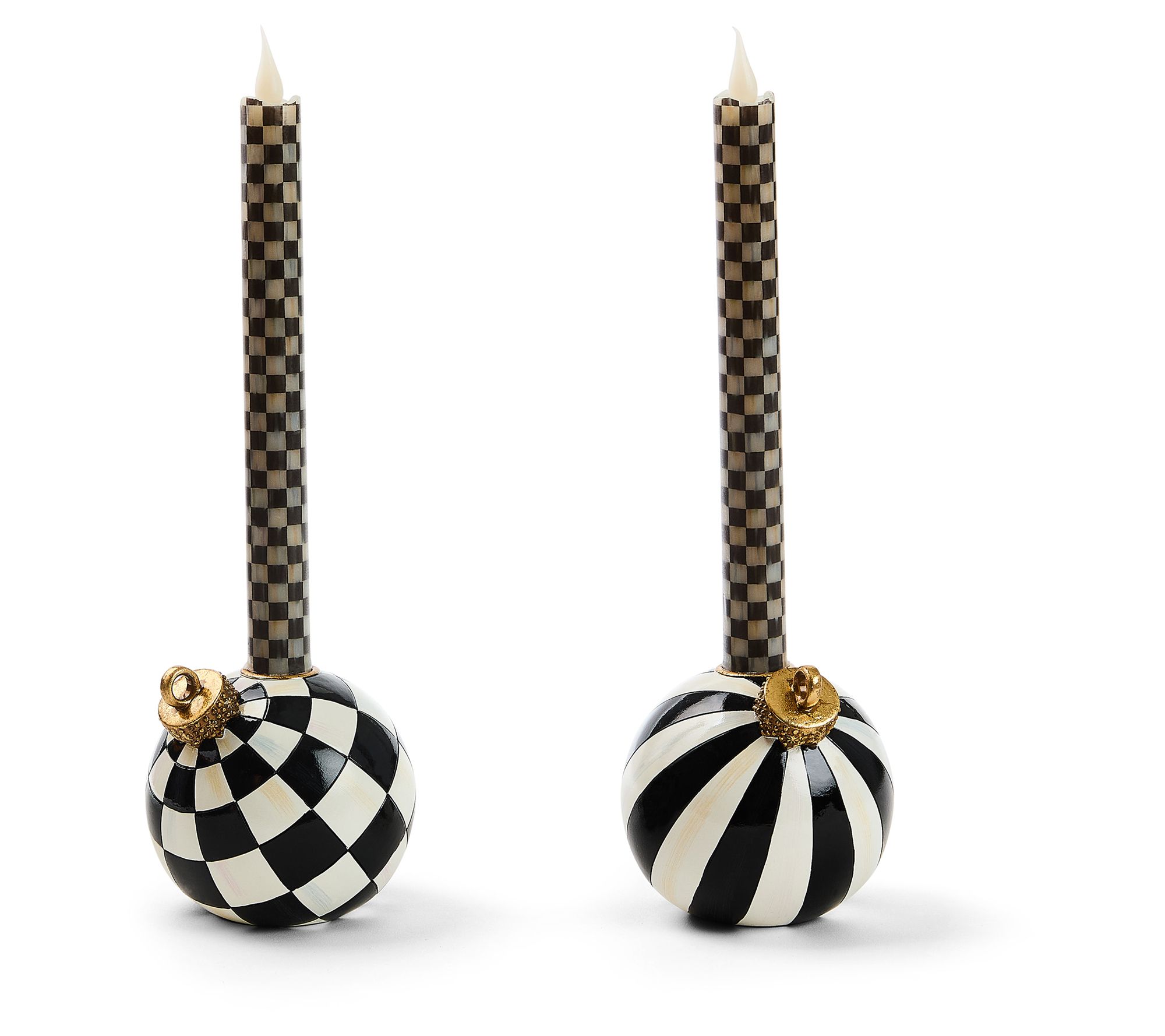 MacKenzie - Childs Set of 2 Ornament Candle Holders and Flicker Tapers