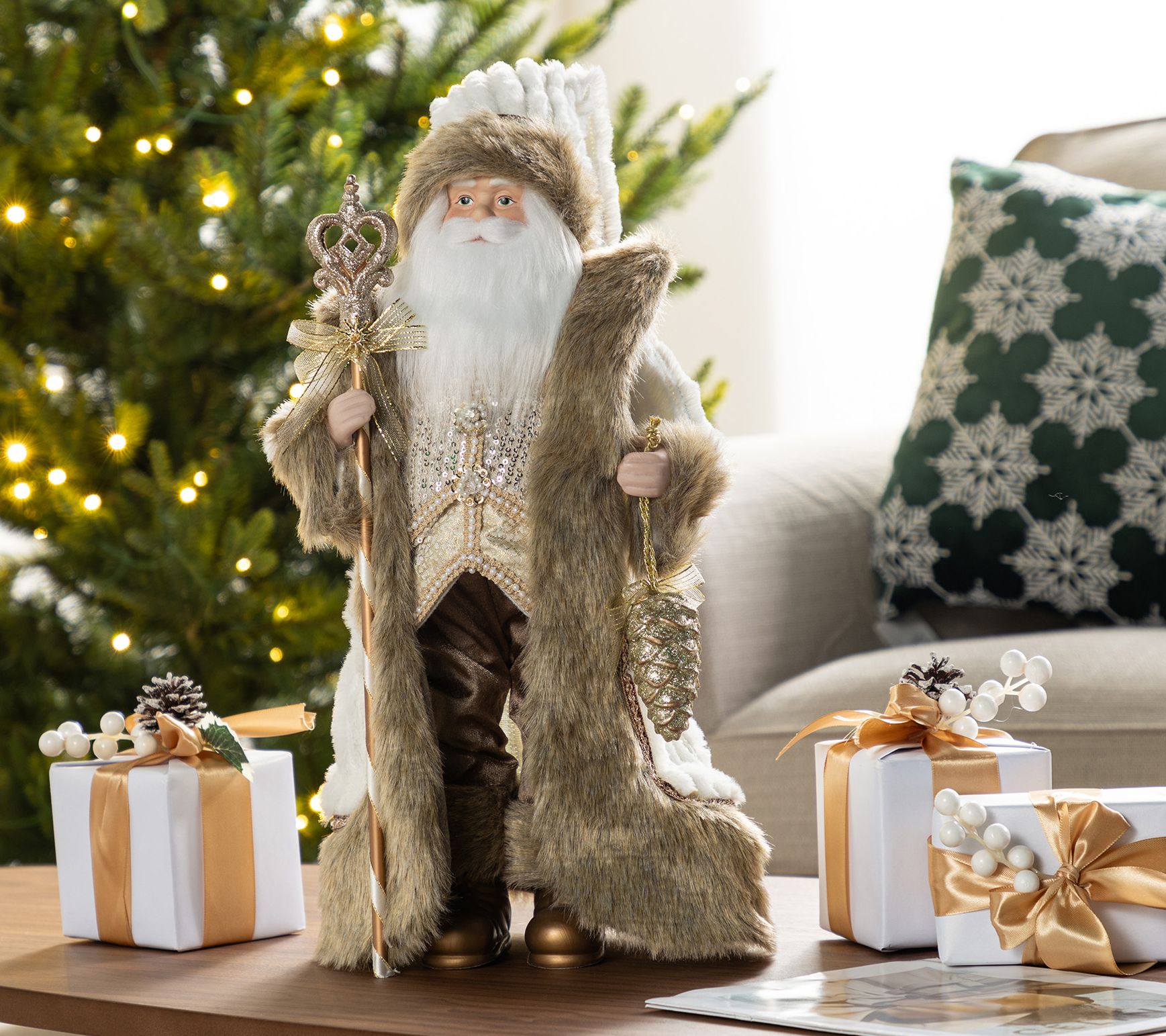 Glitzhome 18"H Faux Fur Christmas Woodland Santa Figurine