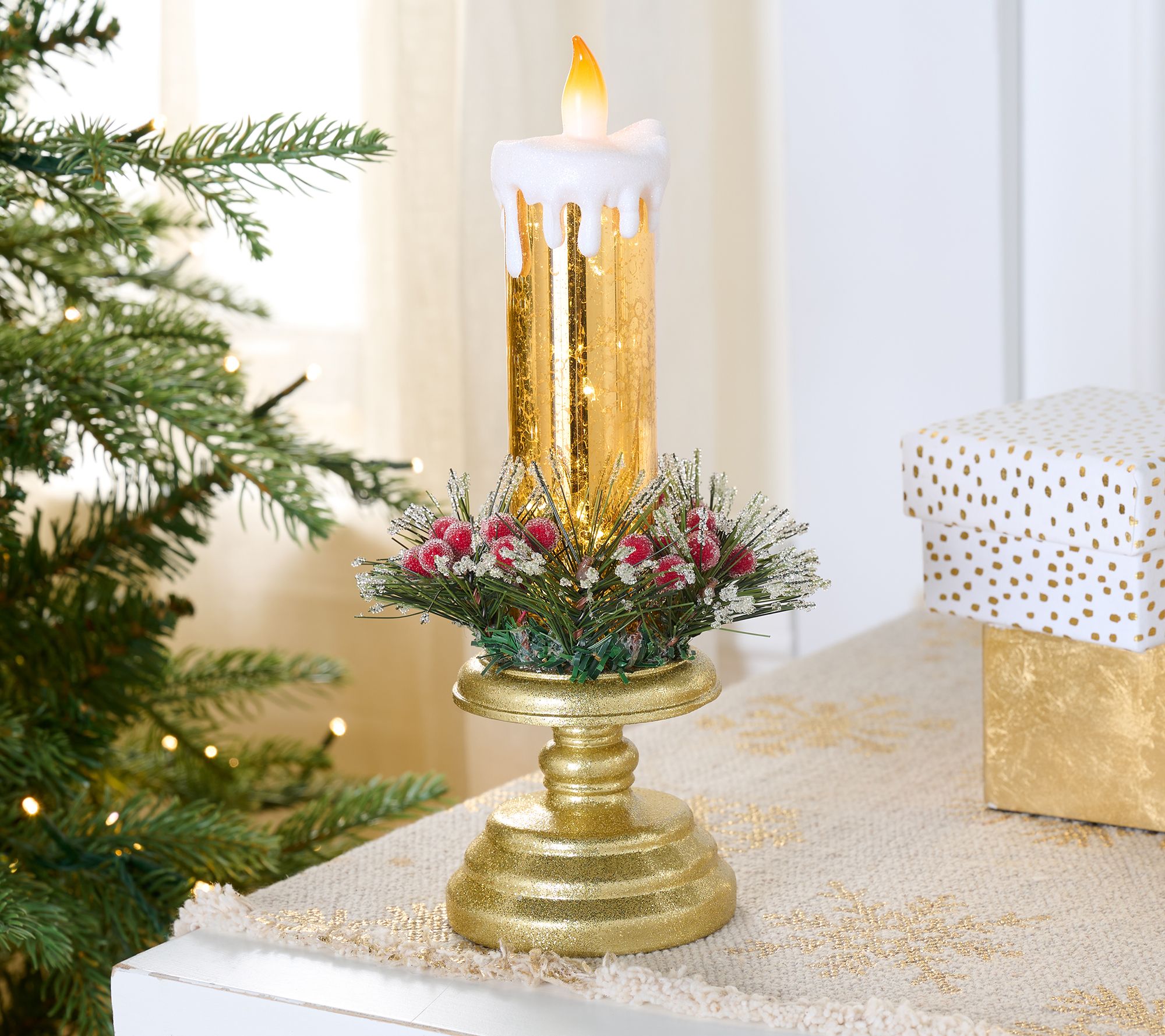 "As Is" Illuminated Mercury Glass 9.5" Taper w/ Greens-Valerie