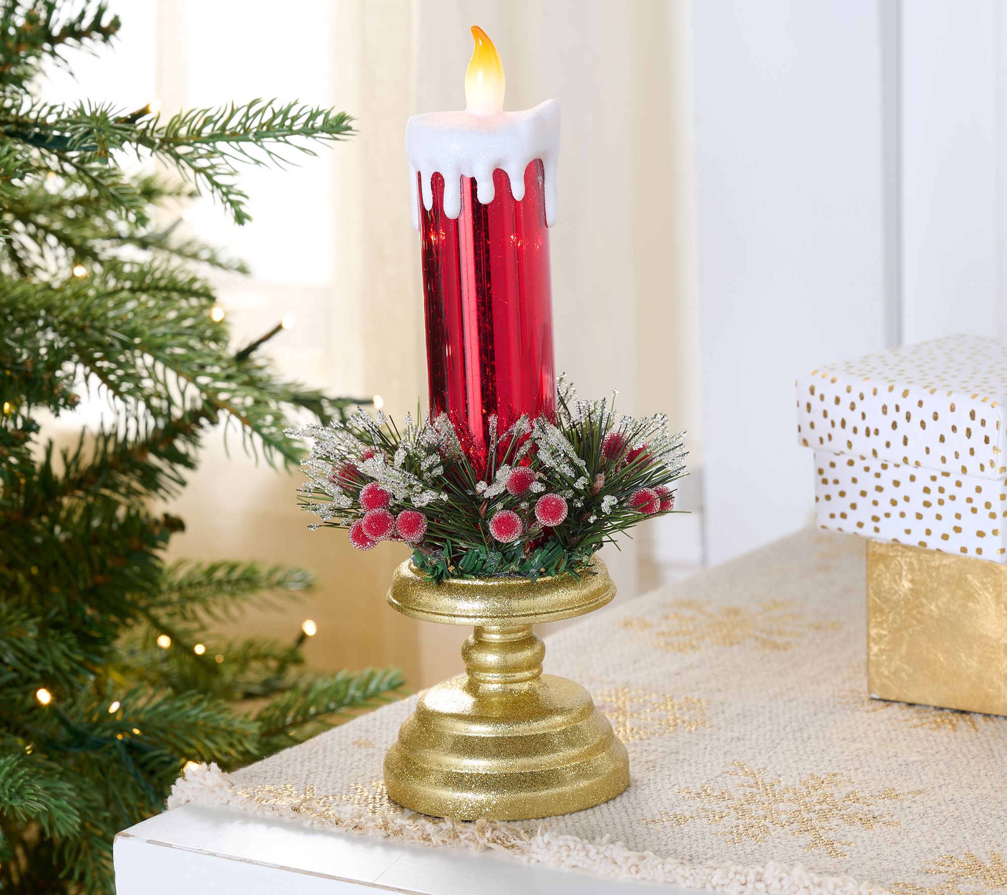 "As Is" Illuminated Mercury Glass 9.5" Taper w/ Greens-Valerie