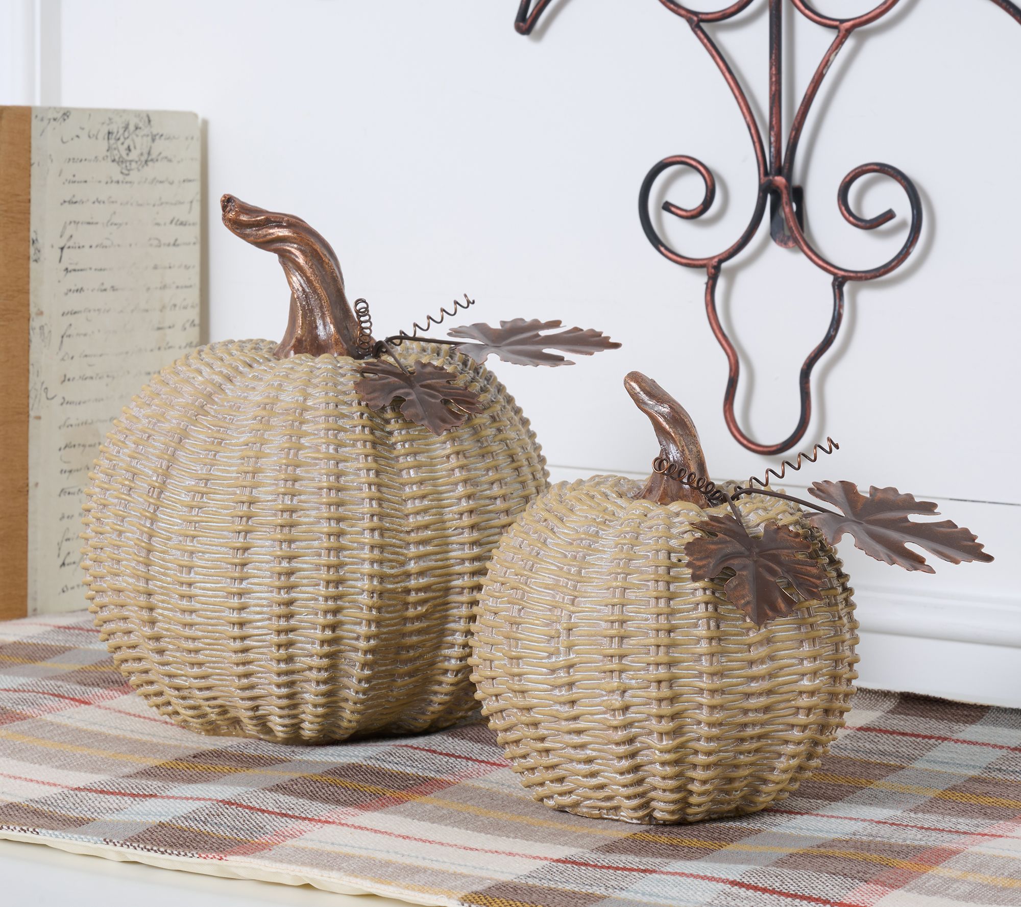 "As Is" Set/2 Basketweave Pumpkins with Metal Leaves by Valerie