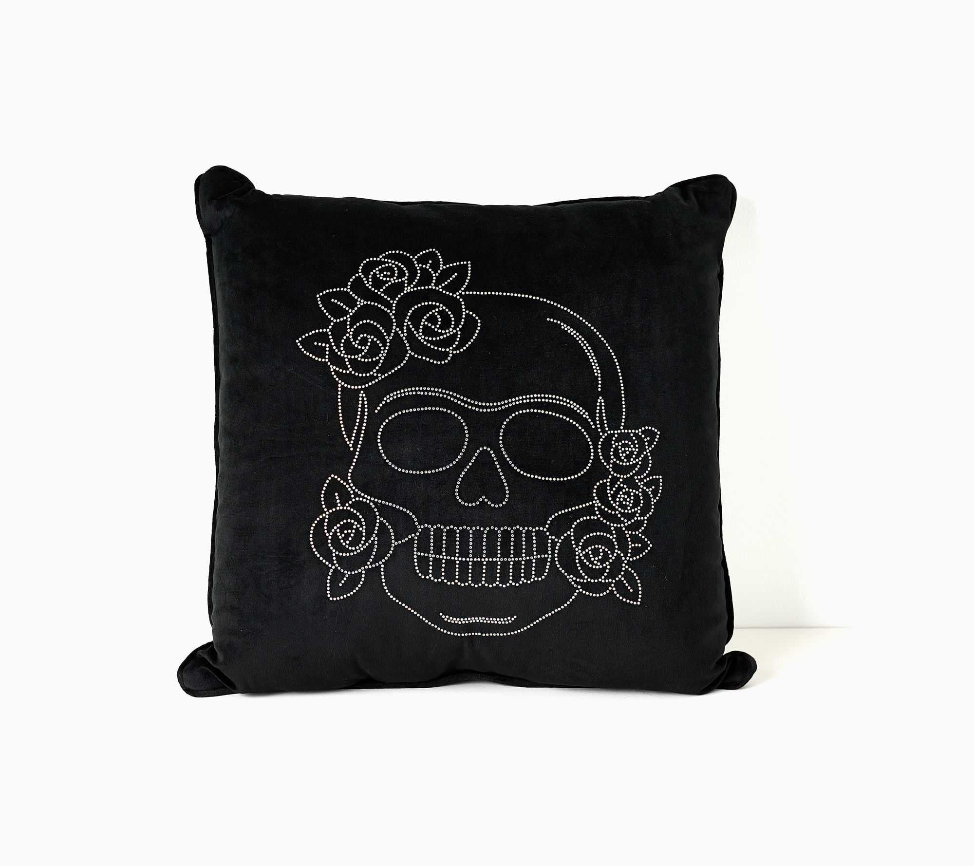 18" x 18" Decorative Beaded Skull Pillow by Mally Roncal