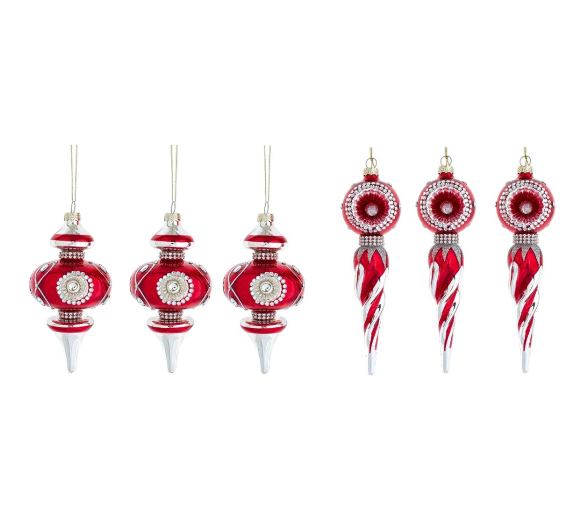 RC Home Decor-Set of 6 Red & Silver Glass Finial,Jeweled Orns.