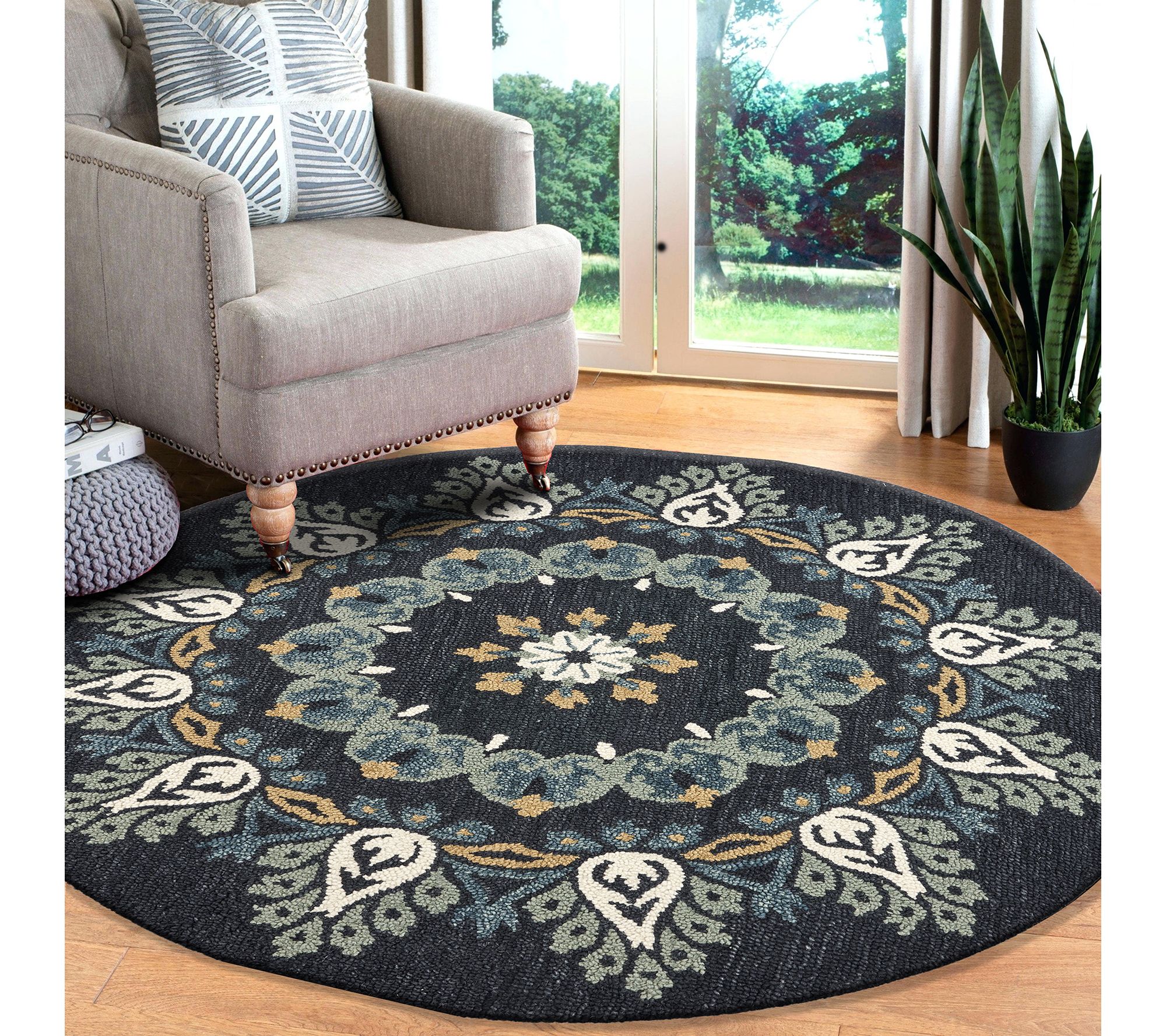 Ox Bay Charcoal/Teal Floral Medallion Wool Indoor 6' Round Rug