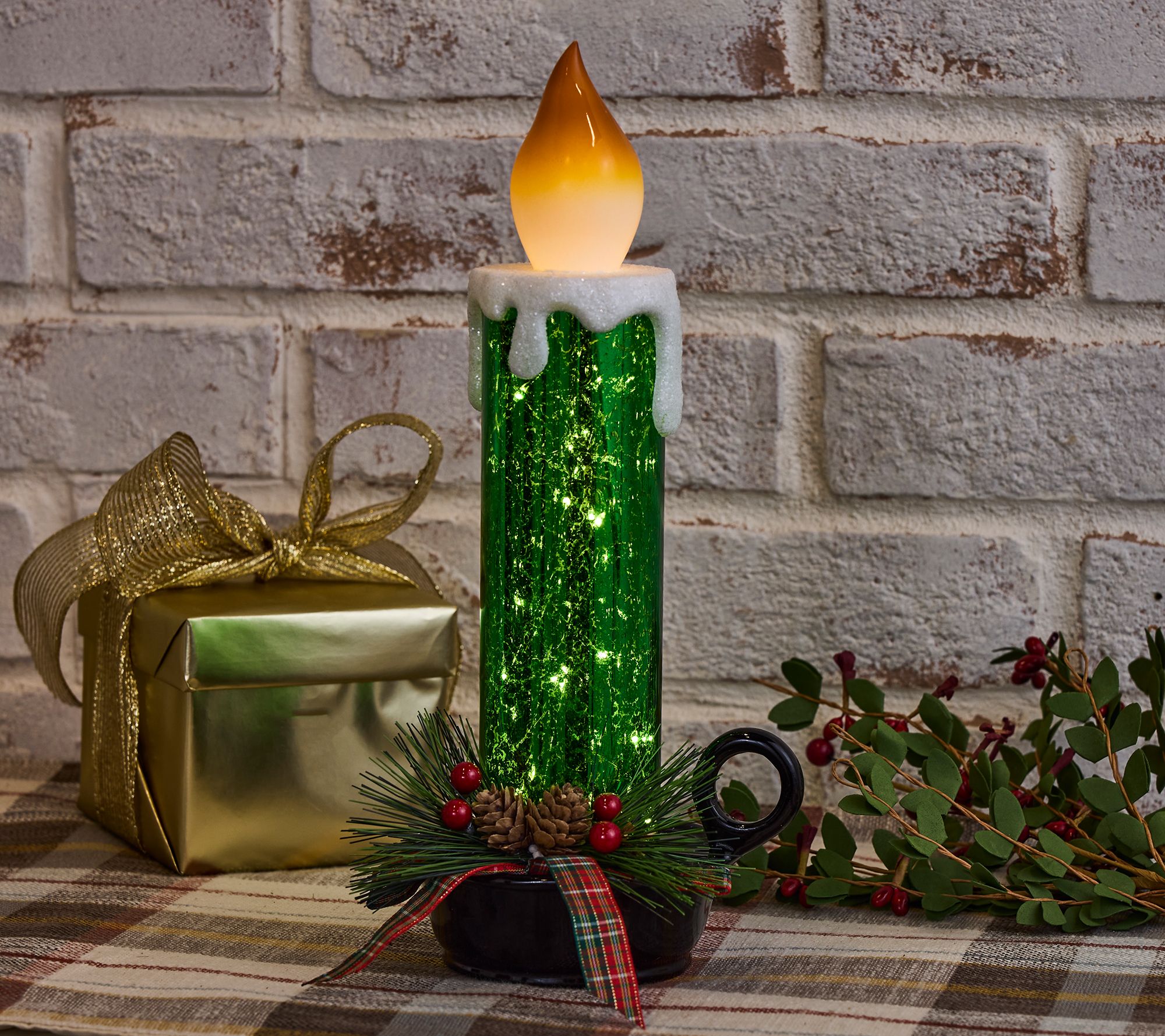 12" Illuminated Mercury Glass Candlestick with Greenery by Valerie