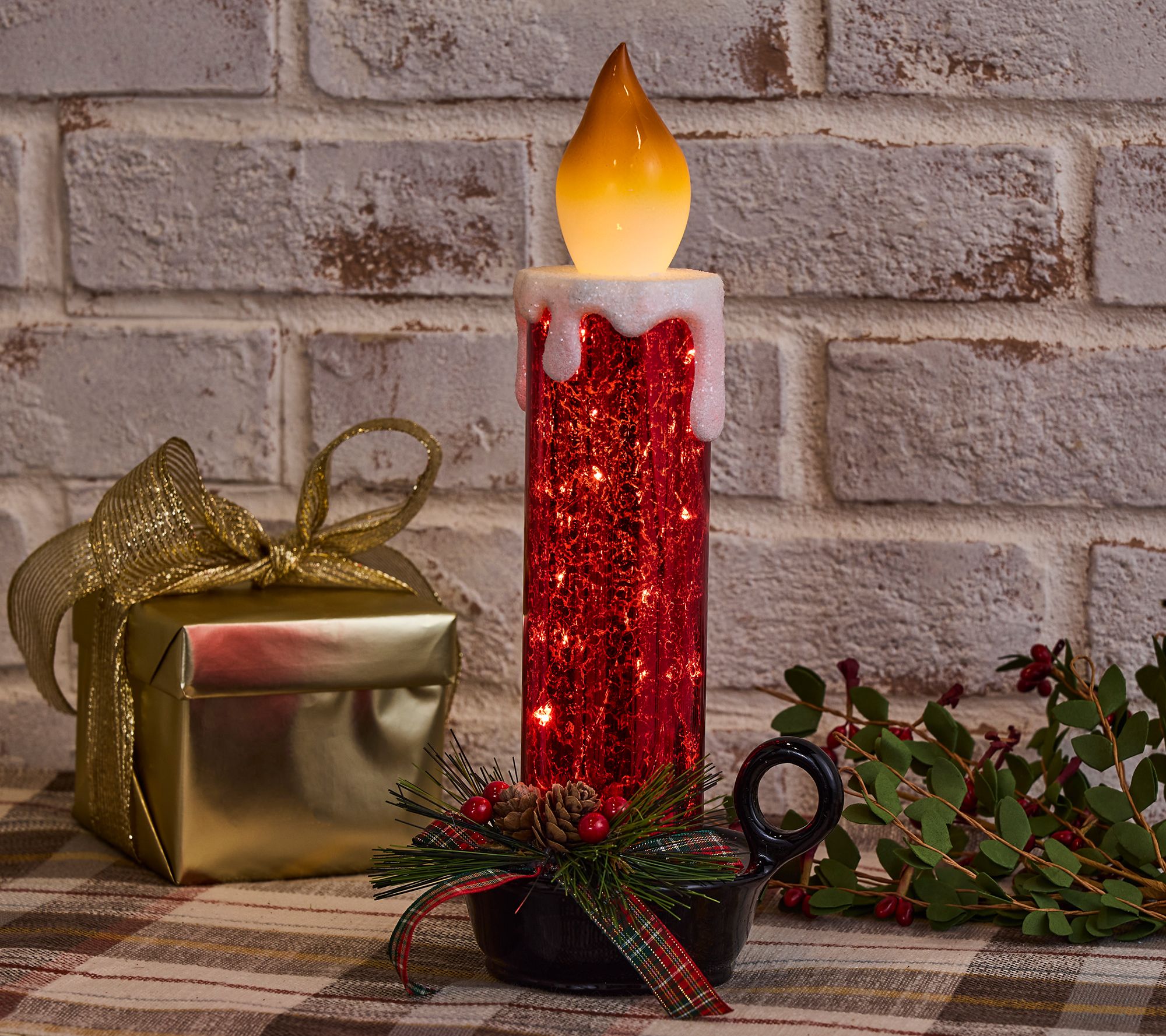 12" Illuminated Mercury Glass Candlestick with Greenery by Valerie