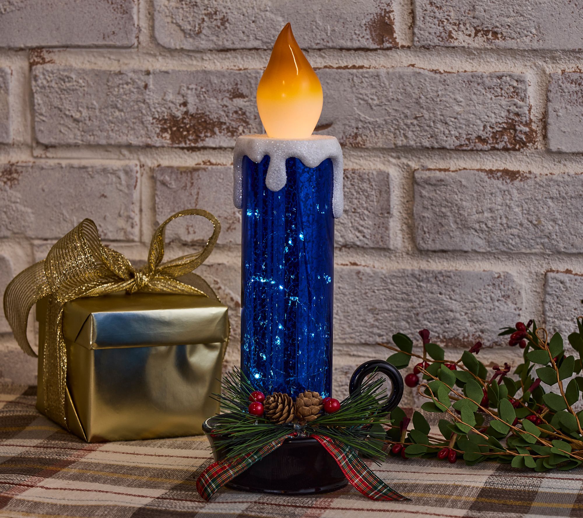 12" Illuminated Mercury Glass Candlestick with Greenery by Valerie