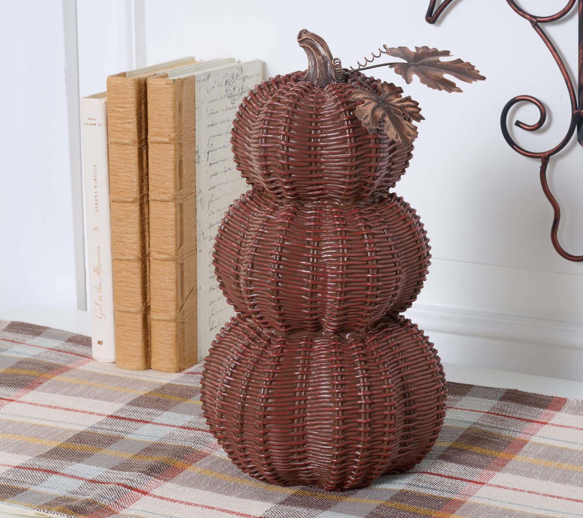  "As Is" 12" Basketweave Stacked Pumpkin with Metal Leaves- Valerie