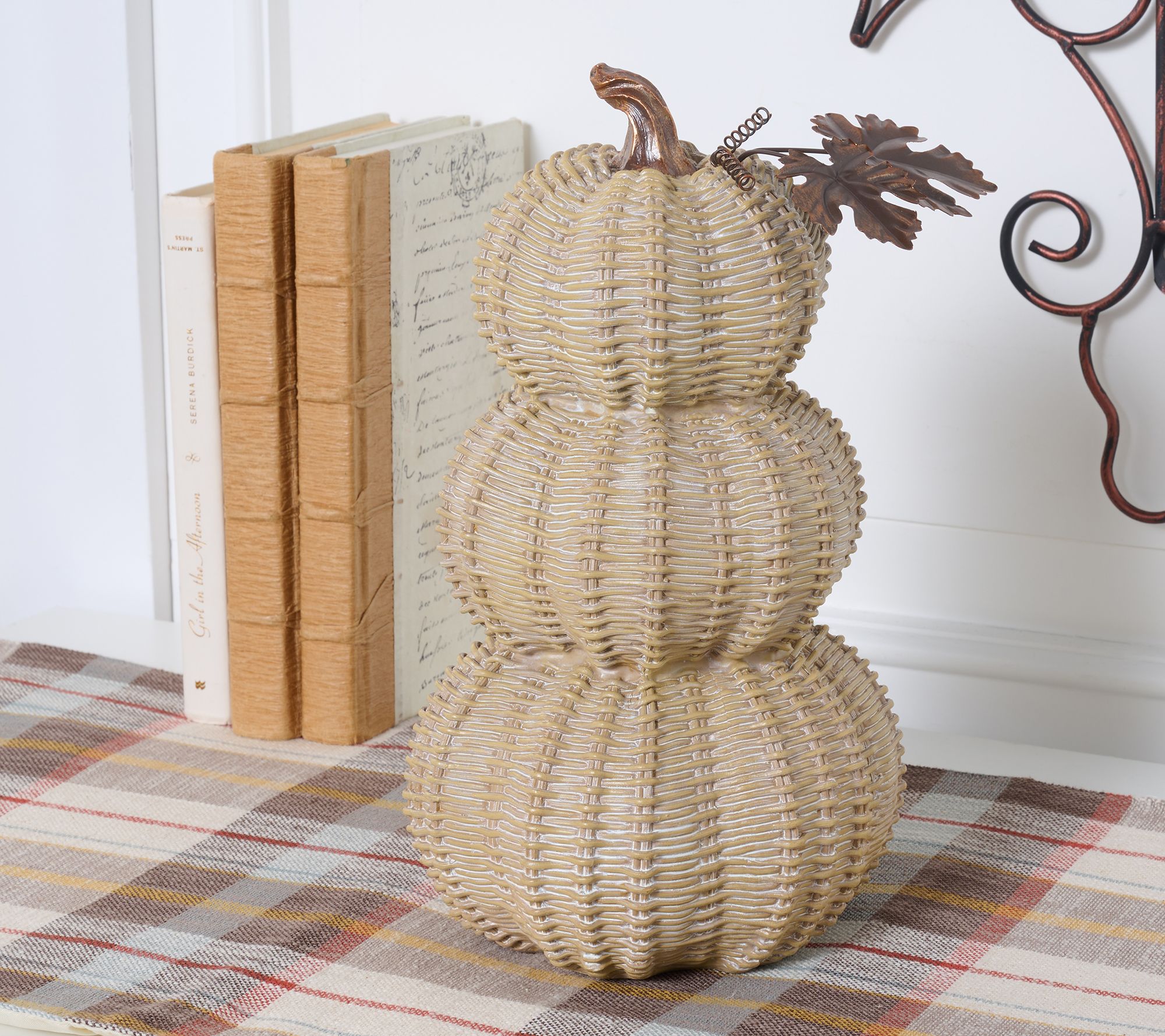 "As Is" 12" Basketweave Stacked Pumpkin with Metal Leaves- Valerie