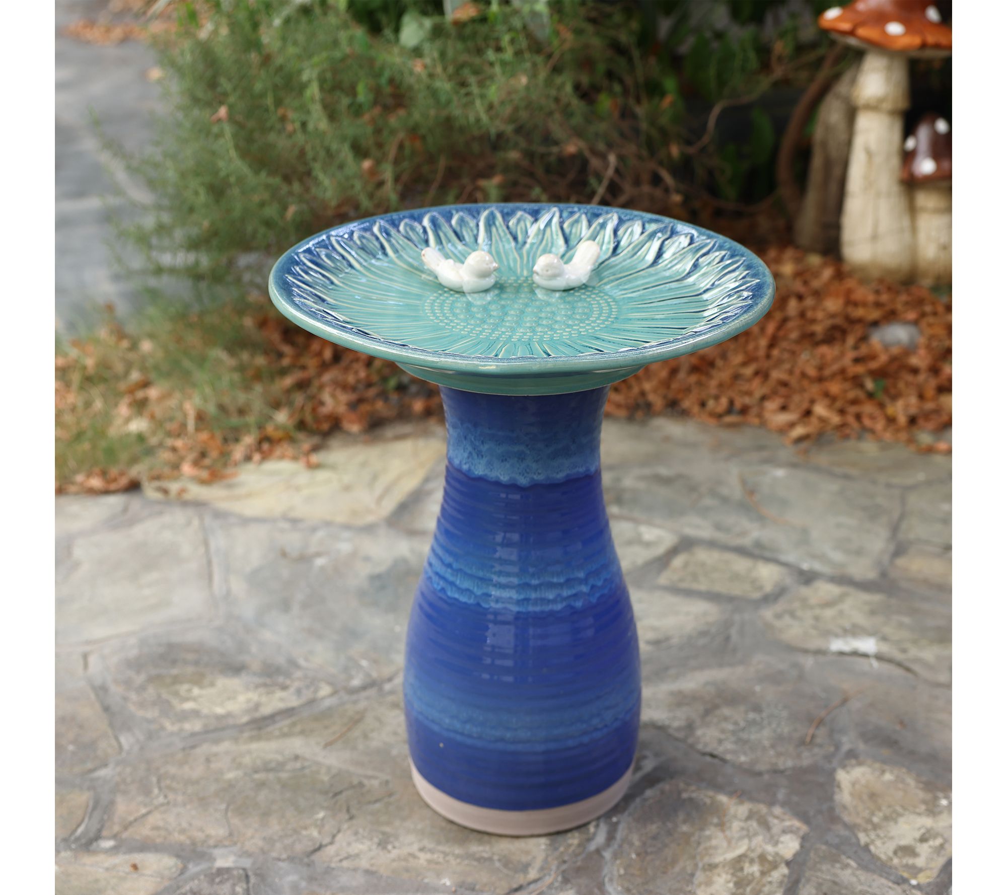 LuxenHome Blue 20.5"H Ceramic Birdbath with TwoBirds
